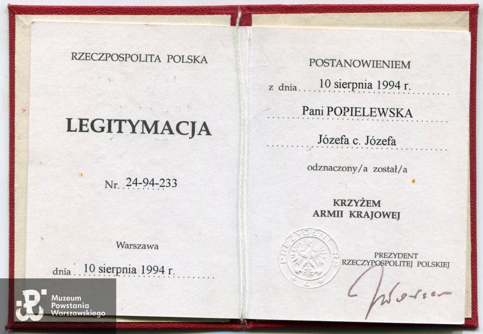 Legitymacja odznaczenia Krzyżem Armii Krajowej.  Ze zbiorów rodzinnych