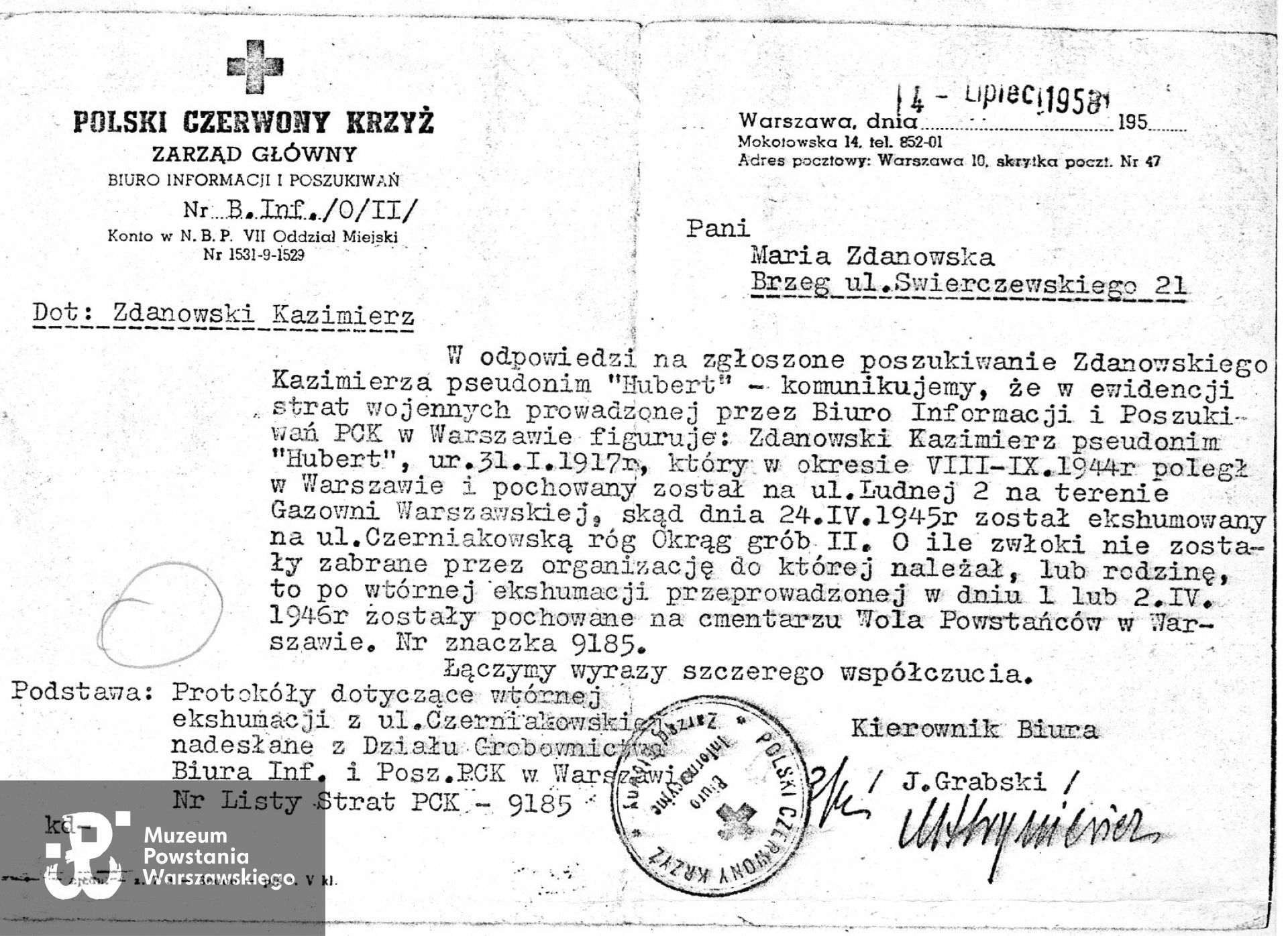 Pismo z Biura Informacji i Poszukiwań PCK skierowane do Marii Zdanowskiej. 