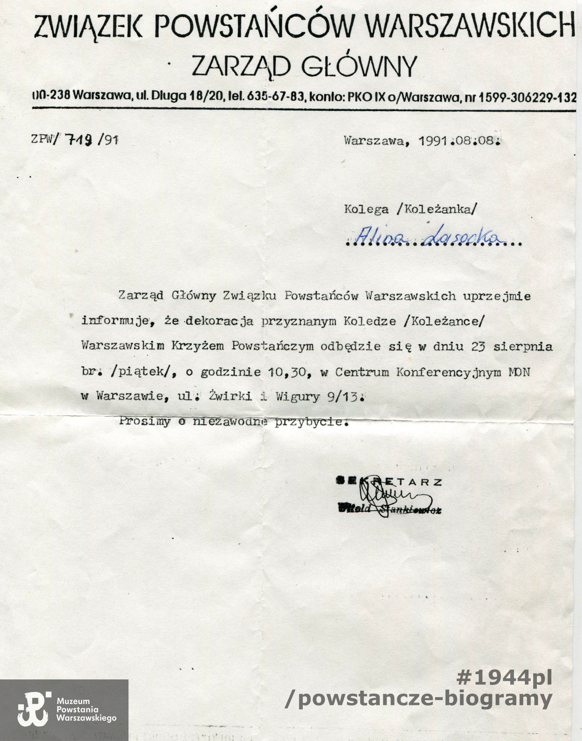 Archiwum rodzinne, skan: materiały do Słownika Uczestników Powstania Warszawskiego - Pokój Kombatanta MPW