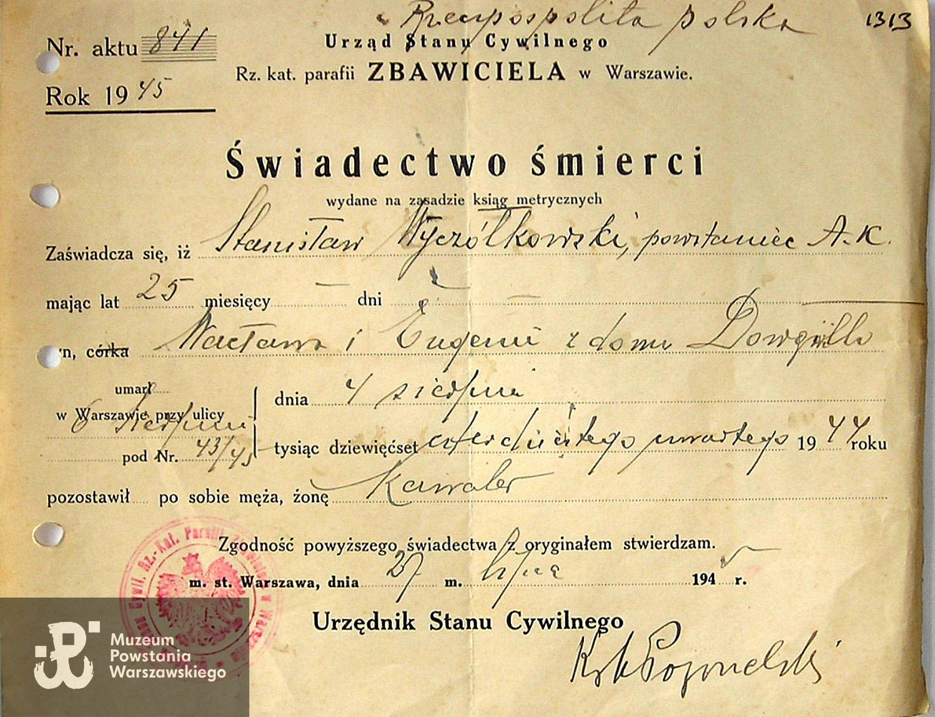 Świadectwo śmierci wystawione  na  zasadzie ksiąg metrycznych -  parafia Św. Zbawiciela w Warszawie