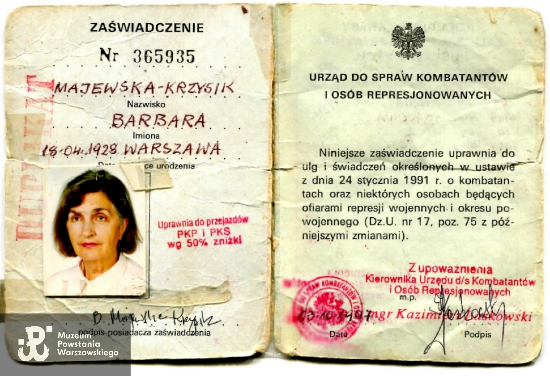 Legitymacja UdsKiOR, ze zbiorów prywatnych p. Barbary Majewskiej-Krzysik