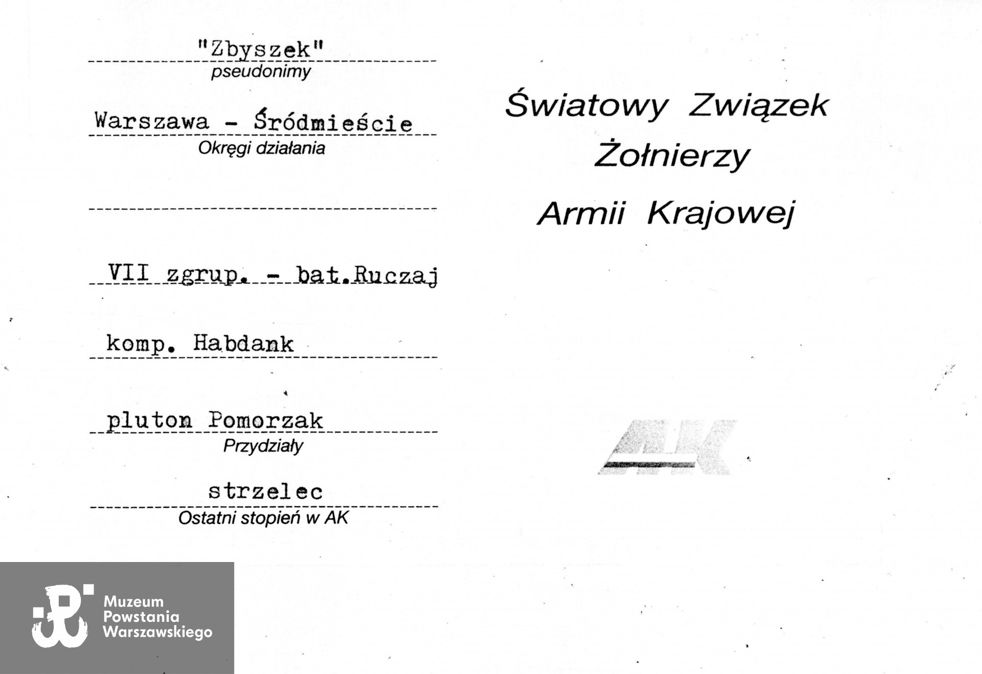 Legitymacja ŚZŻAK, skan z kserokopii. Skan wykonano w Muzeum Powstania Warszawskiego w lutym 2024 r. 