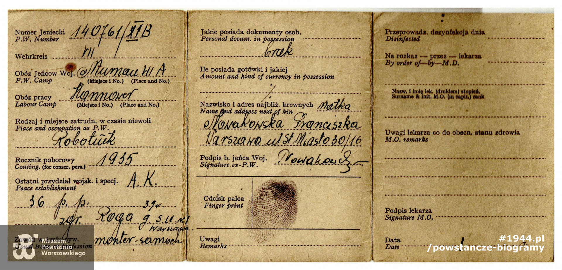 Legitymacja byłego jeńca wojennego. Fot. ze zbiorów rodzinnych, udostępniła siostra, p. Maria Łękawska i p.  Wojciech Jan Łękawski