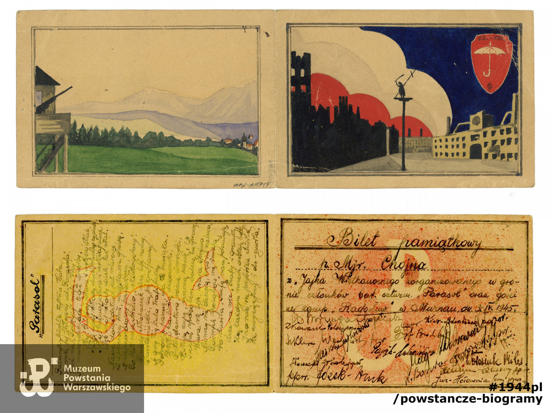 Bilet pamiątkowy mjr.  Wacława Chojny z "Jajka Wielkanocnego" zorganizowanego w oflagu Murnau. Bilet dwuczęściowy składany, posiadający na zewnątrz barwne rysunki, a wewnątrz tekst piosenki "Pałacyk Michla " i podpisy uczestników. Ze zbiorów Muzeum Powstania Warszawskiego, sygn. MPW-A/1717 (P/7289), dar p.  Anny Horodyńskiej-Ławacz, córki.