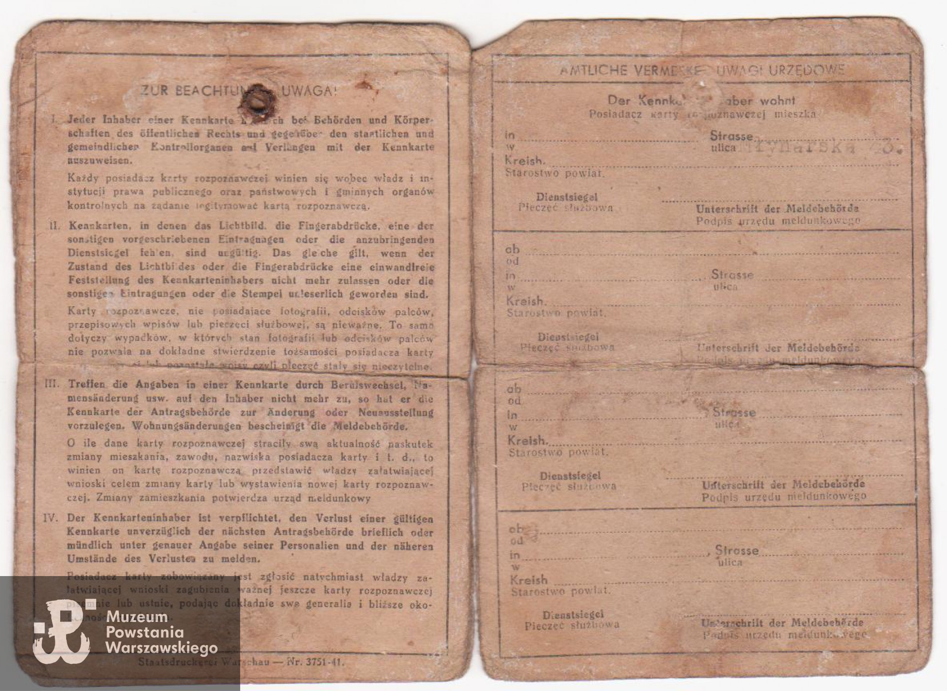 Dokumenty odnalezione podczas ekshumacji łączniczki "Basi", przekazane rodzinie - fragment kennkarty (karty tożsamości). Kserokopia dokumentu z archiwum rodzinnego udostępnił p. Andrzej Wichowski