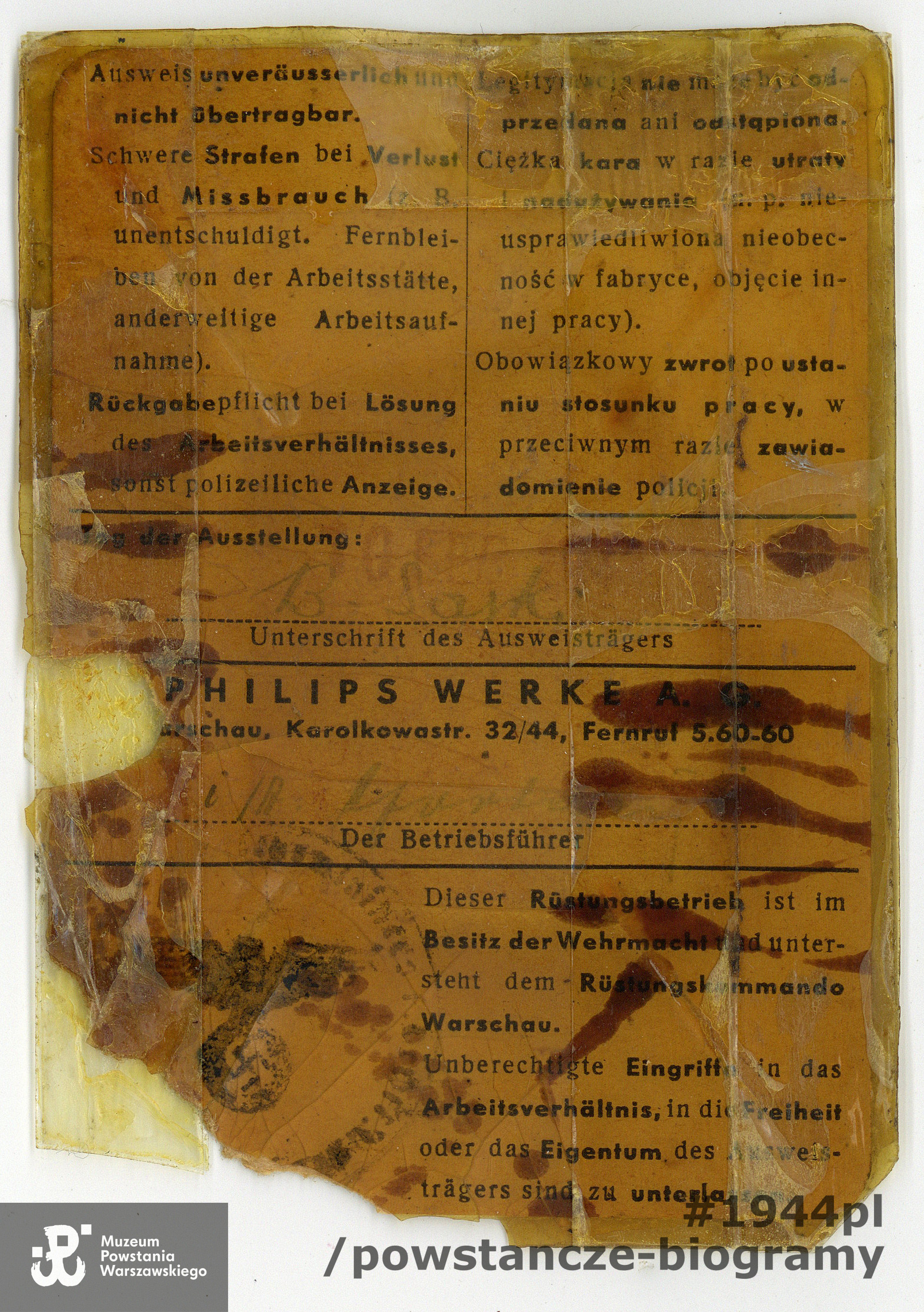 Werk-Ausweis Nr. 1852 należący do Bohdana Saskiego. Ze zbiorów Muzeum Powstania Warszawskiego, sygn. P/3927  (MPW-A-3351)