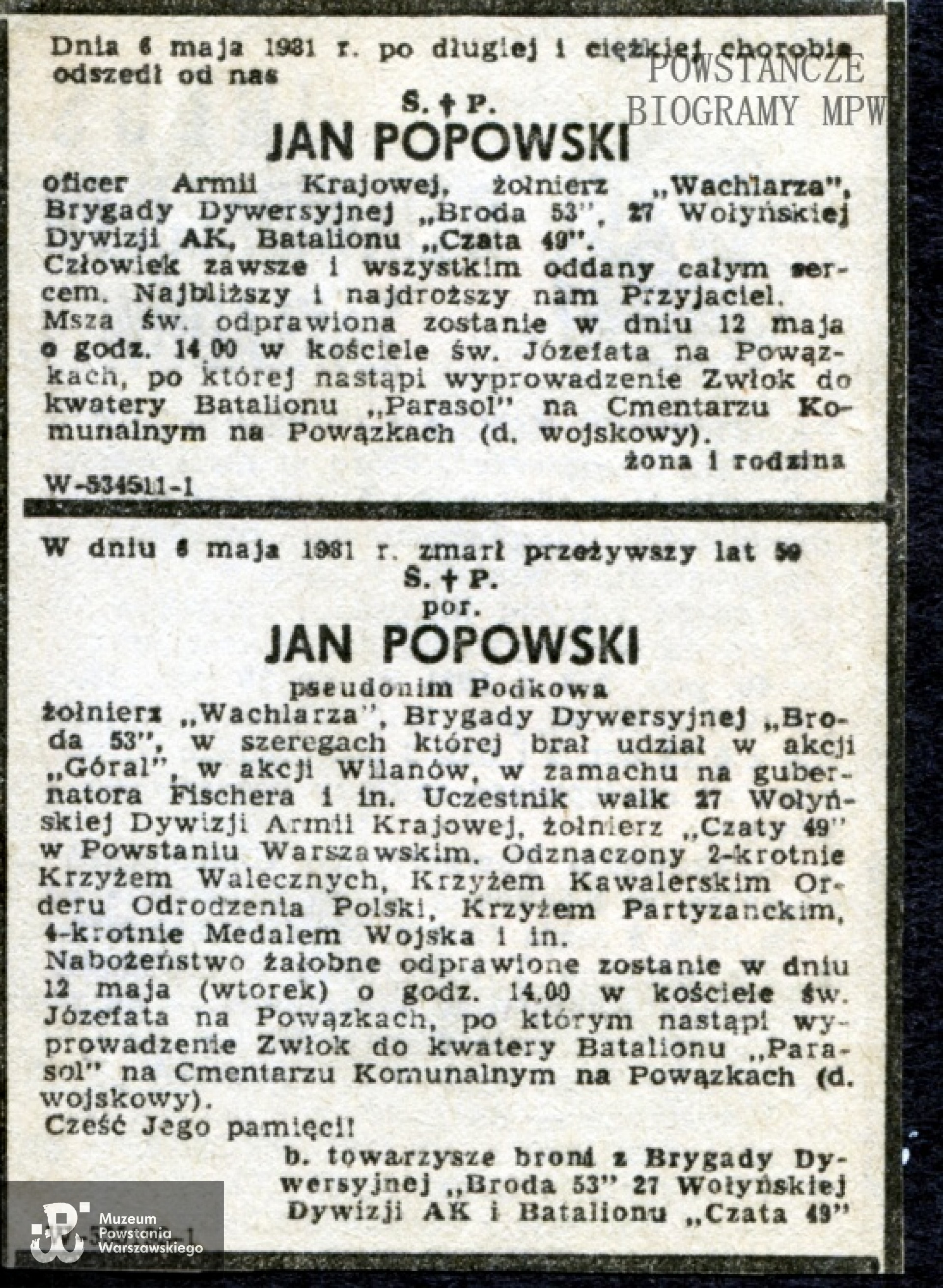 Nekrolog prasowy z maja 1981 r. Z archiwum rodzinnego udostępnił p. Sebastian Popowski.