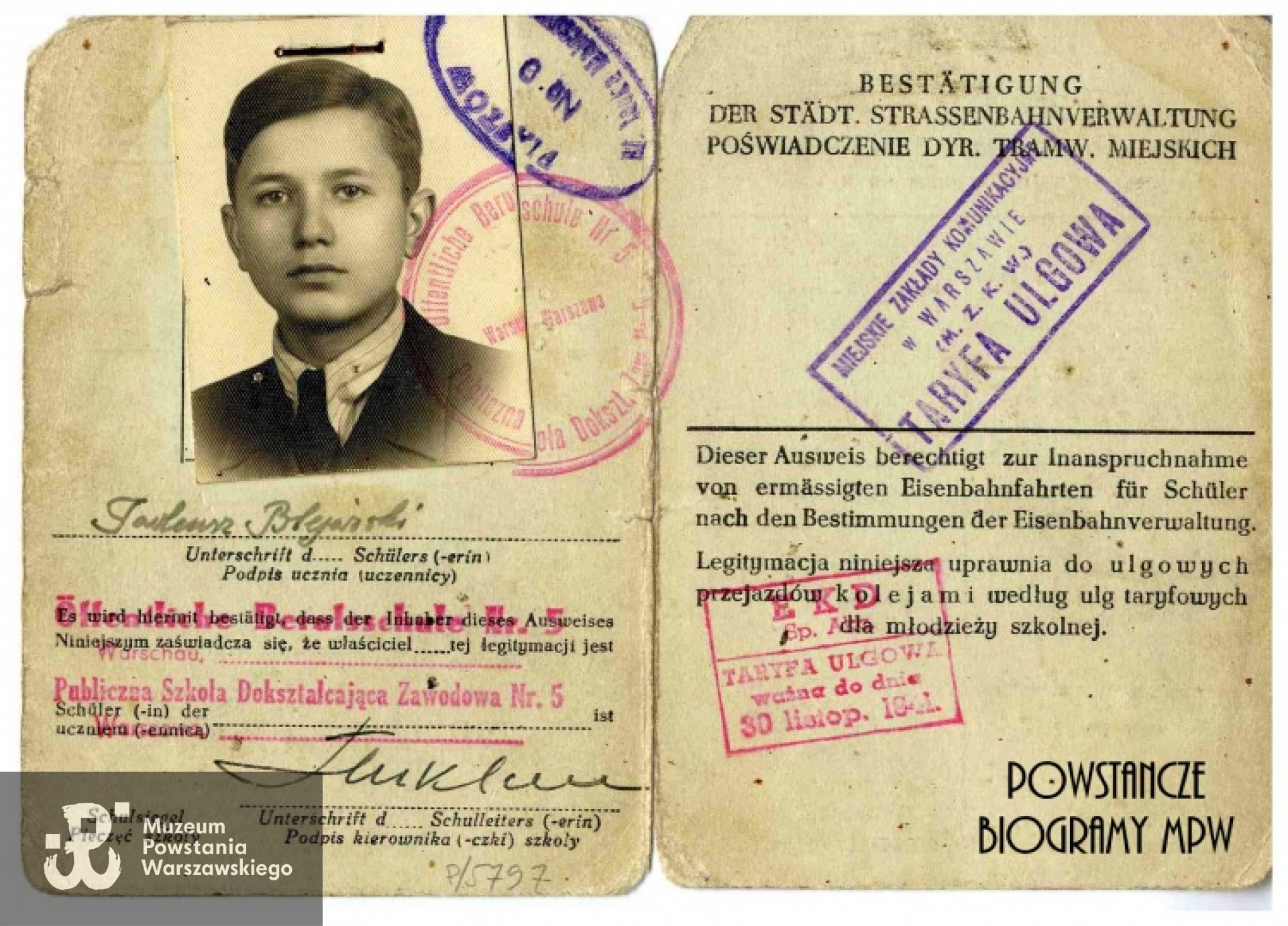 Legitymacja szkolna Tadeusza z okresu okupacji. Ze zbiorów Muzeum Powstania Warszawskiego, sygn. P/5797