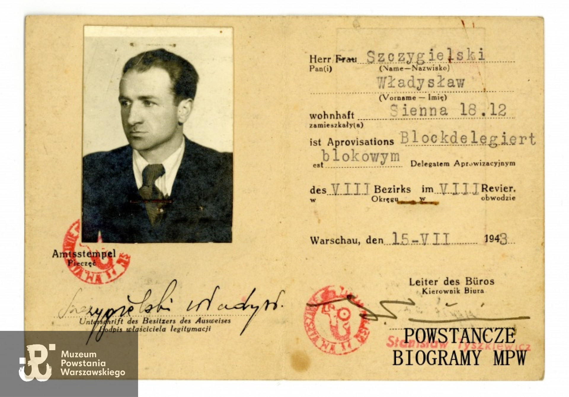 Legitymacja Zarządu Miejskiego w Warszawie. Ze zbiorów Muzeum Powstania Warszawskiego, sygn. P/5450