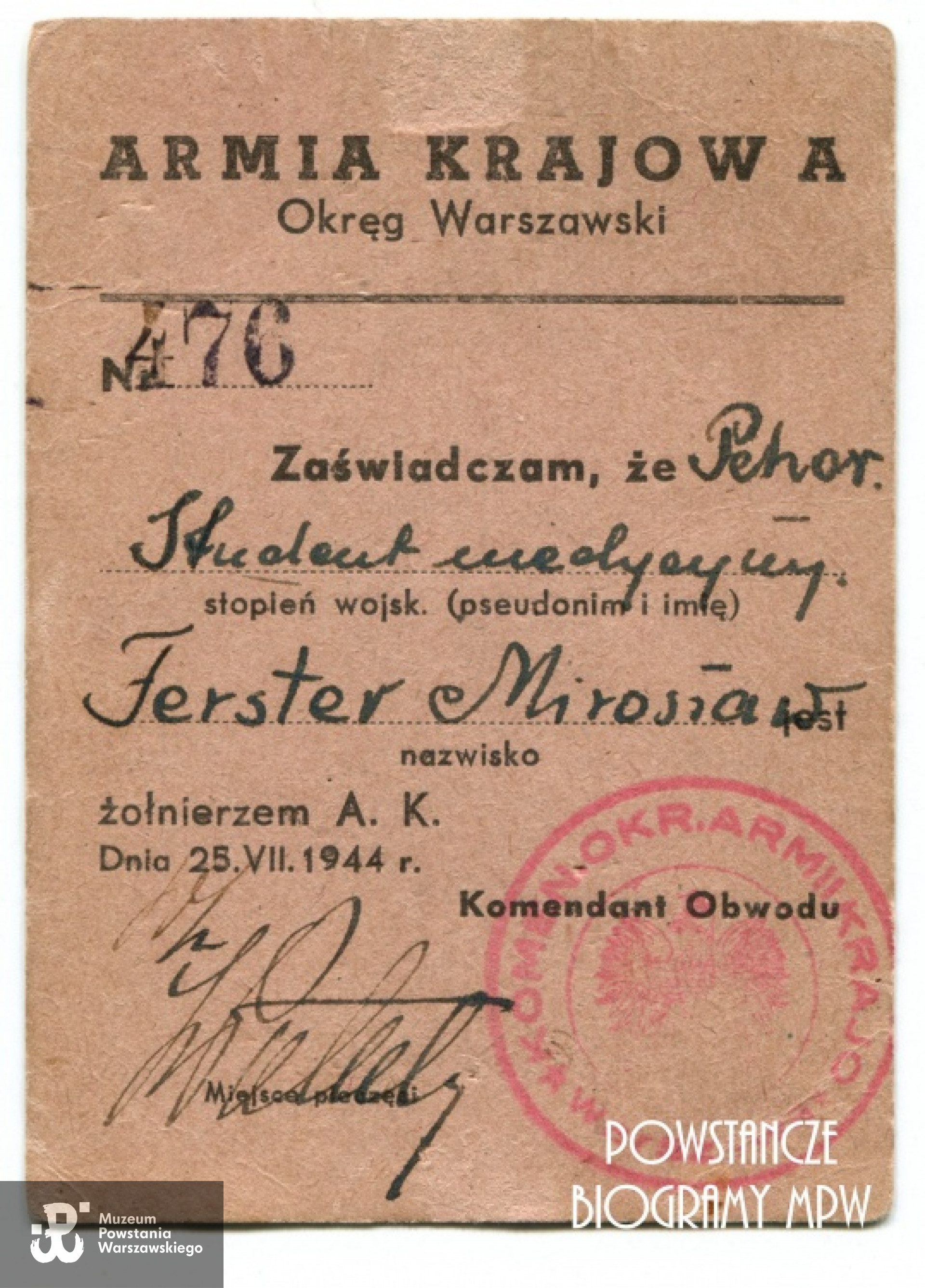 Legitymacja Armii Krajowej wystawiona na nazwisko "Mirosław Ferster". Ze zbiorów rodzinnych