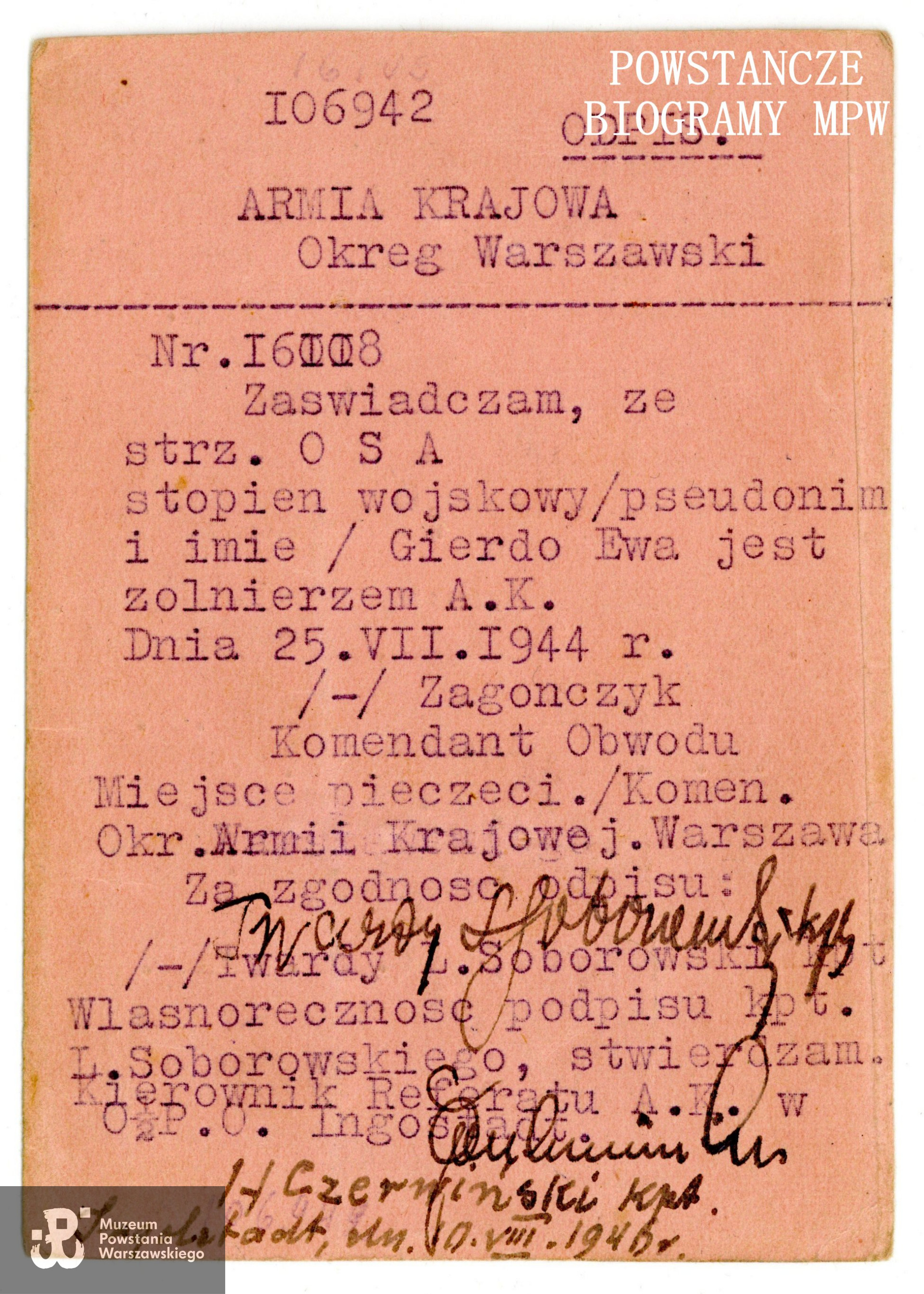 Odpis legitymacji AK wystawionej na nazwisko Ewa Gierdo, sporządzony 10.08.1946. Ze zbiorów Muzeum Powstania Warszawskiego, sygn. P/8224