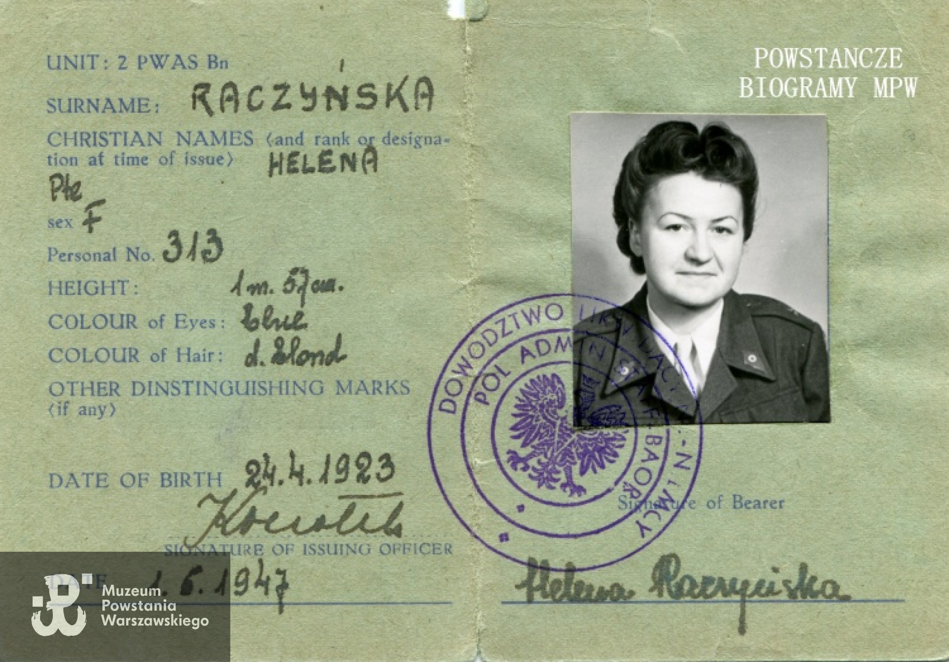 Należąca do Heleny Raczyńskiej legitymacja wojskowa wystawiona w 1947 roku. Ze zbiorów Muzeum Powstania Warszawskiego.
