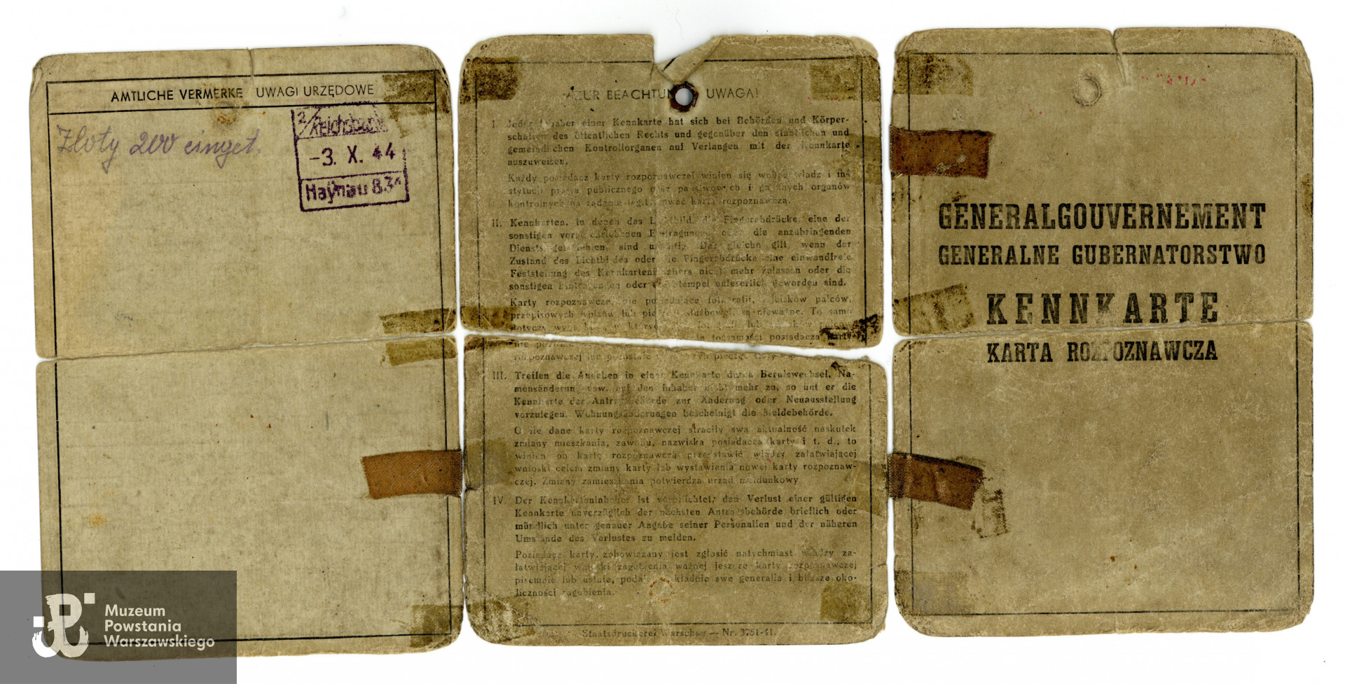 Kenkarta (karta tożsamości) wystawiona dla Adolfa Pursy w okresie okupacji niemieckiej.  Fot. ze zbiorów rodzinnych, do wykonania kopii udostępniła p. Elżbieta Wysocka, córka Powstańca. Skany wykonano w Muzeum Powstania Warszawskiego w grudniu 2023 r.  
