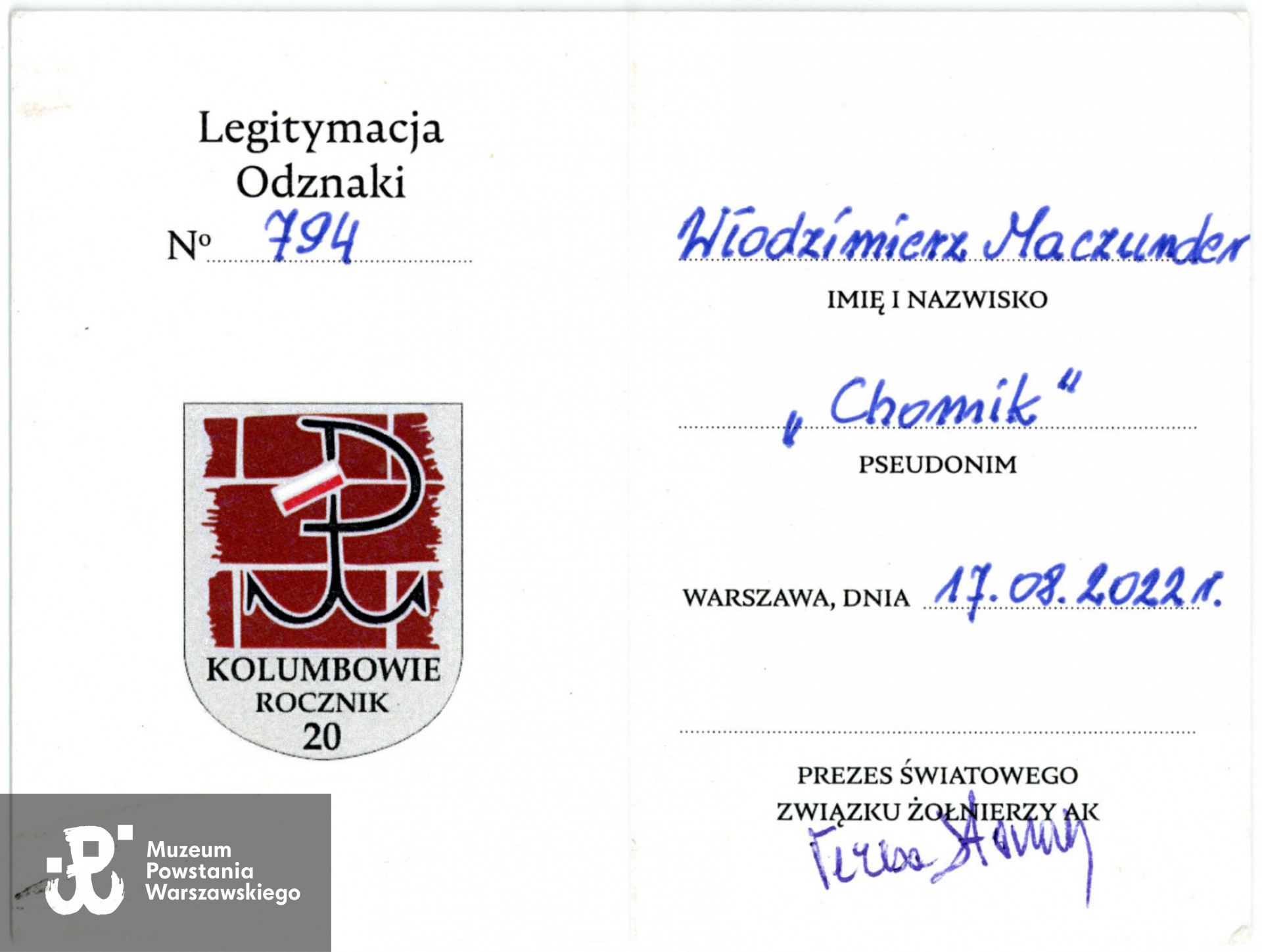 Legitymacja Odznaki "Kolumbowie Rocznik 20" (ŚZŻAK). Dokument ze zbiorów rodzinnych Pana Włodzimierza Maczundera ps. Chomik. Skany wykonano w Muzeum Powstania Warszawskiego, 09/2023