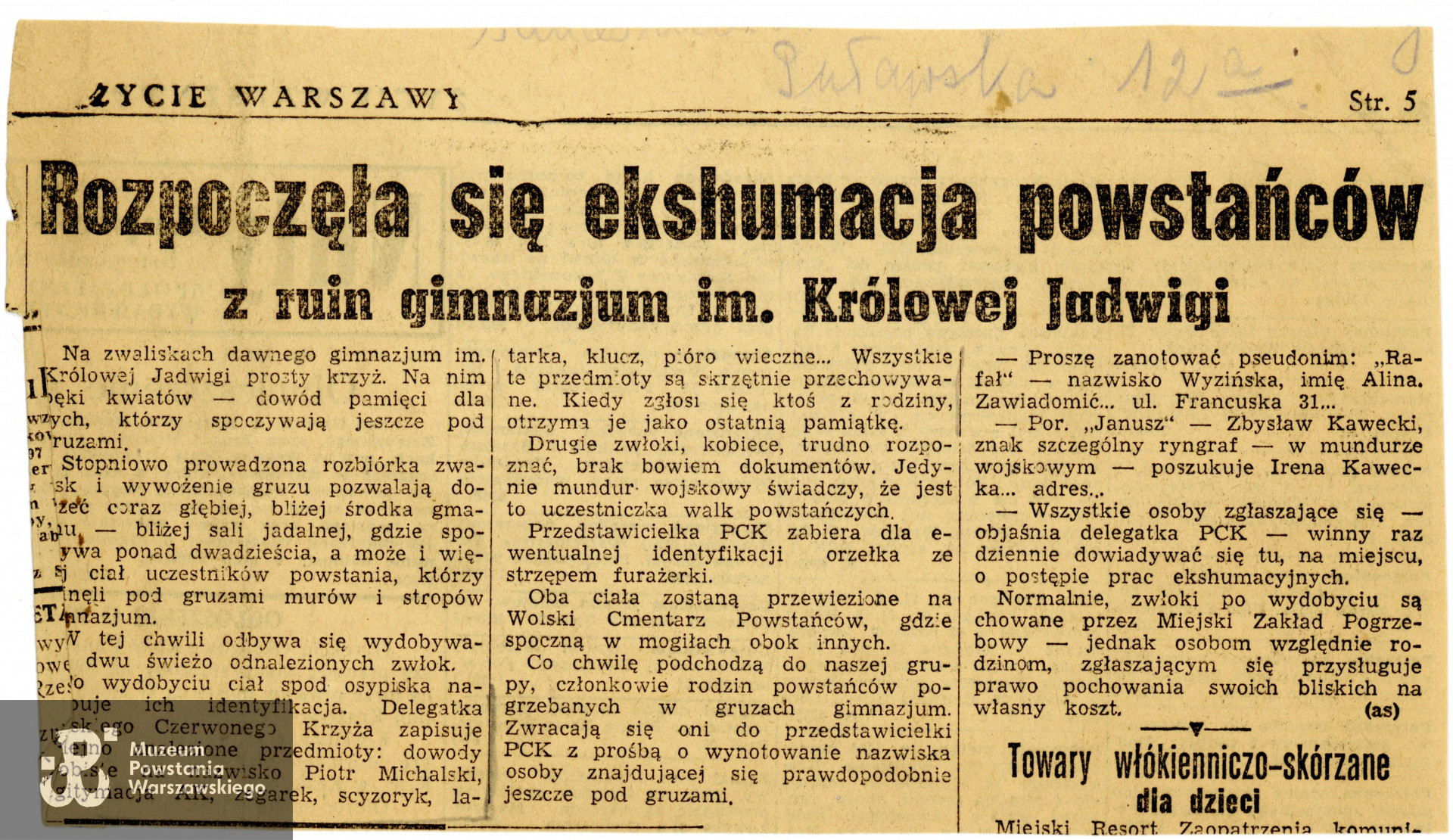 Fragment artykułu prasowego z "Życia Warszawy"  dotyczący ekshumacji poległych na terenie Gimnazjum Królowej Jadwigi. Ze zbiorów Muzeum Powstania Warszawskiego - akcesja