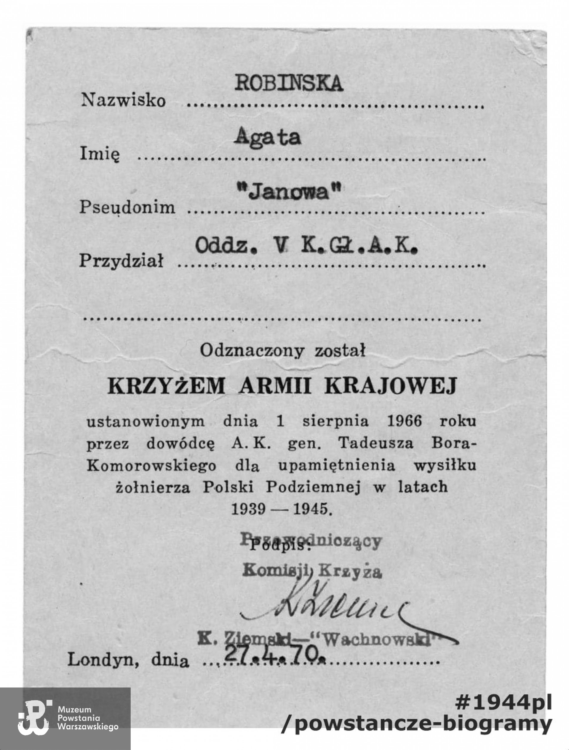 Legitymacja odznaczeniowa - Krzyż Armii Krajowej. Skan udostępniła p. p. Elżbieta Zajączkowska