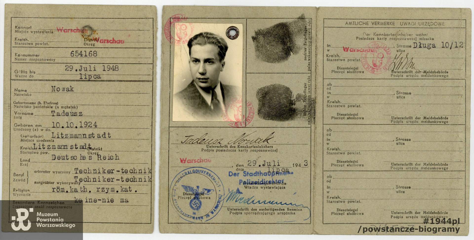 Tadeusz Fajertag vel Nowak vel Świętochowski. Kennkarta. Dokument wystawiony na fałszywe nazwisko Tadeusz Nowak z nieprawdziwą datą urodzenia (1924 r.).  Ze zbiorów Muzeum Powstania Warszawskiego, sygn. P/4507