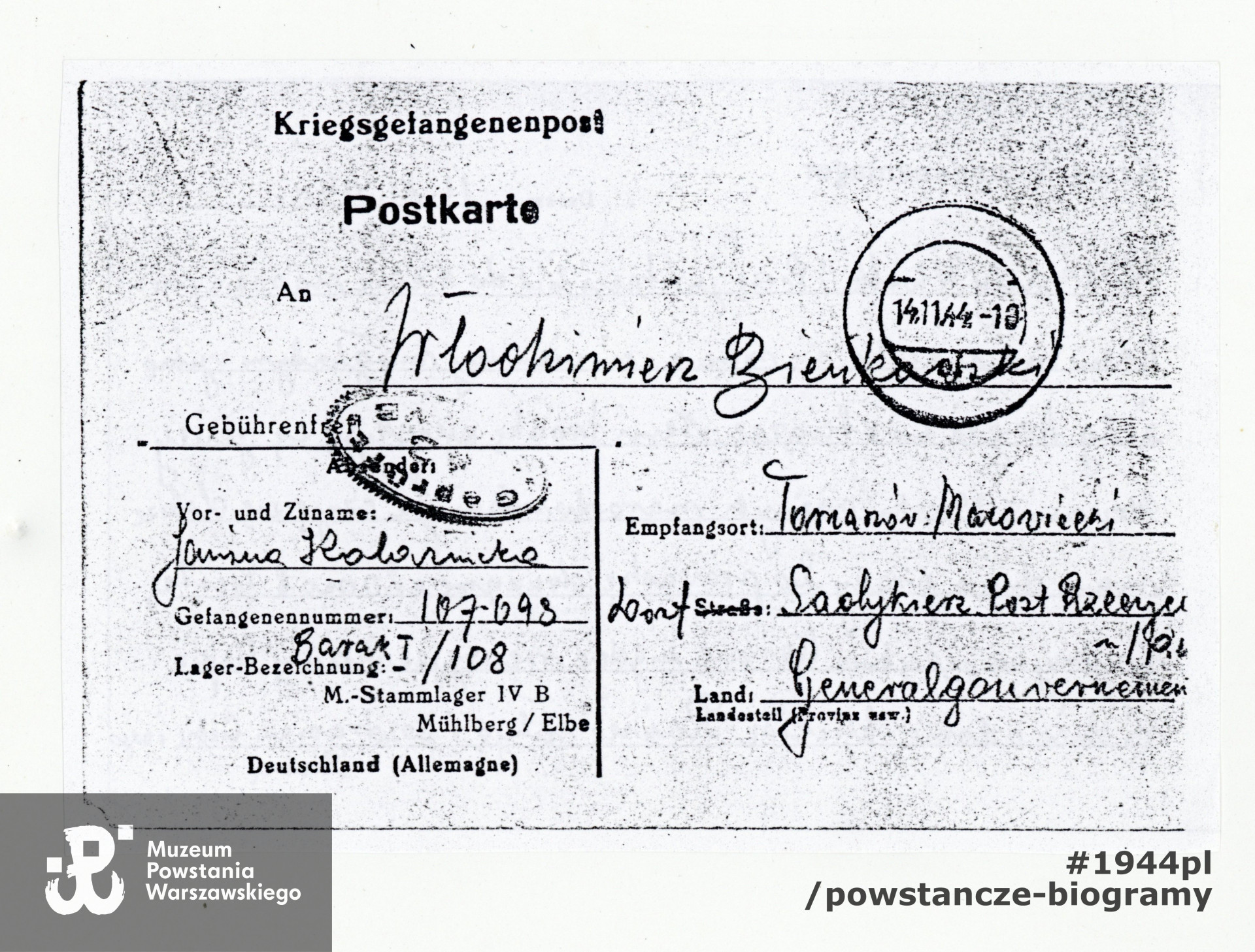 Korespondencja obozowa - list Janiny Kolasińskiej do Włodzimierza Bieńkowskiego