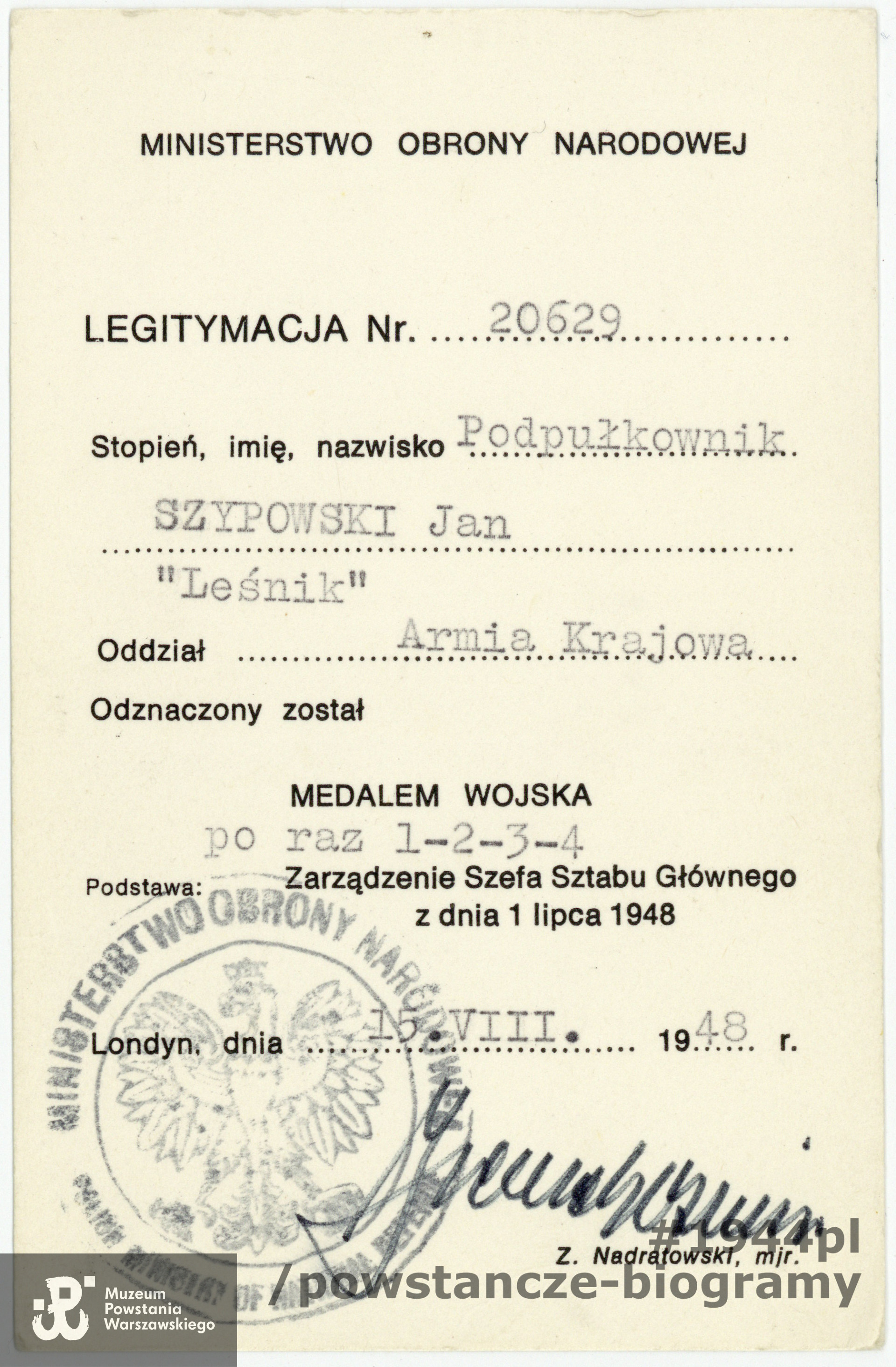 Legitymacja odznaczeniowa - Medal Wojska. Ze zbiorów Muzeum Powstania Warszawskiego, dar p. Krystyny Szypowskiej.