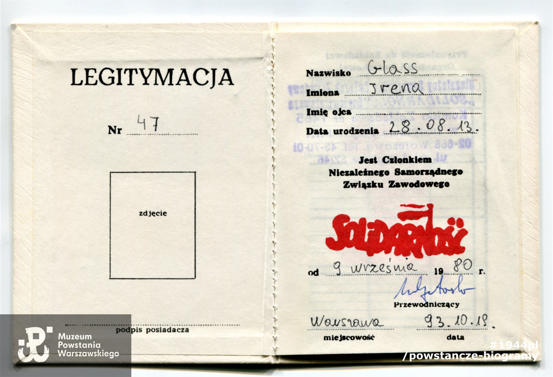 Dok. ze spuścizny po  Pani Irenie Glass,  udostępniła  p. Monika Pakuła. Skany wykonano w Muzeum Powstania Warszawskiego w październiku 2021 r.