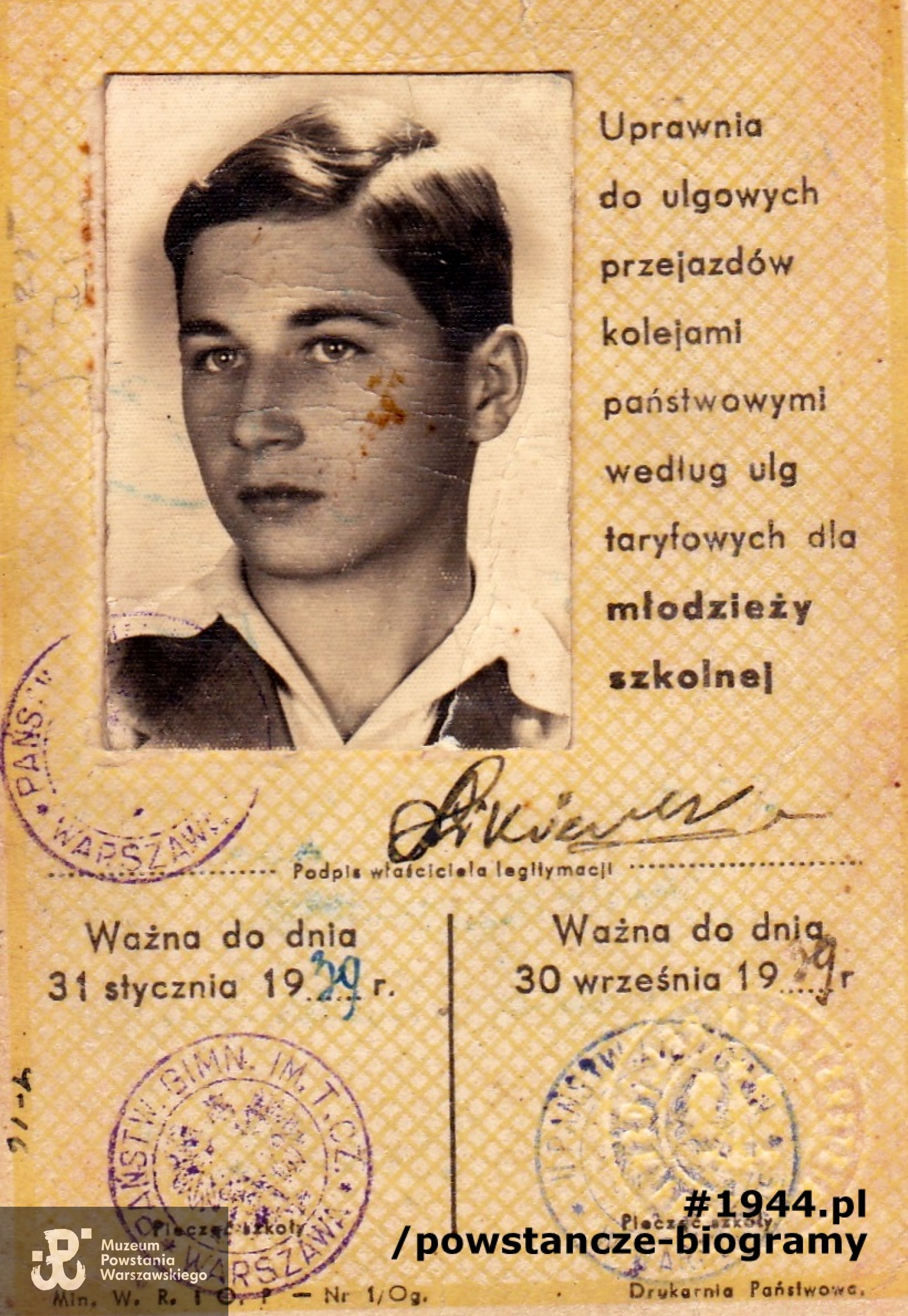 Legitymacja szkolna Stanisława wystawiona w roku 1939. Z archiwum rodzinnego Stanisława Likiernika, udostępnił S. Likiernik za pośrednictwem p. Emila Marata