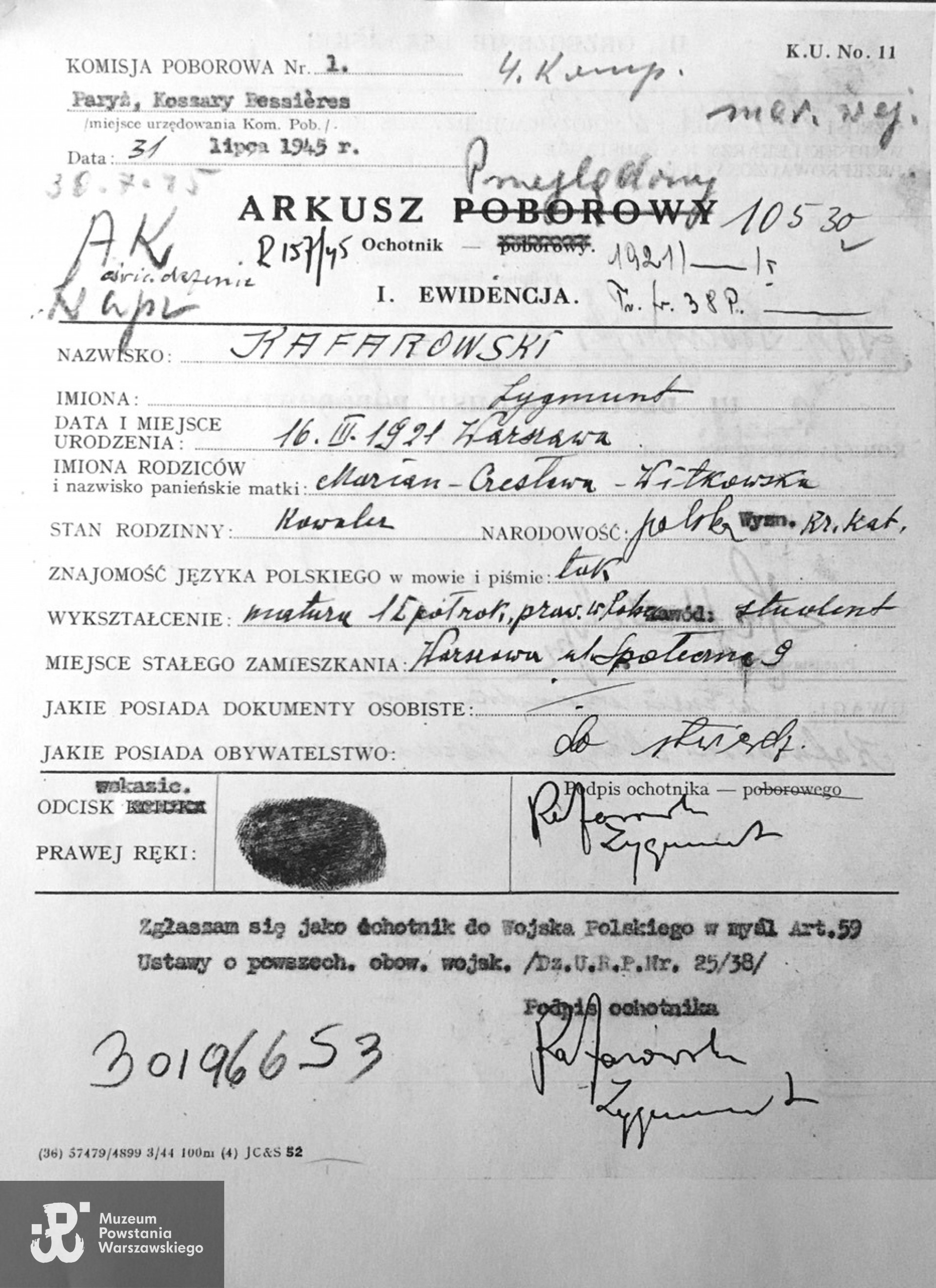 Arkusz poborowego Komisji Poborowej nr 1 - Koszary Bessières Wojska Polskiego w Paryżu. Skan udostępniła dr Joanna Kafarowski