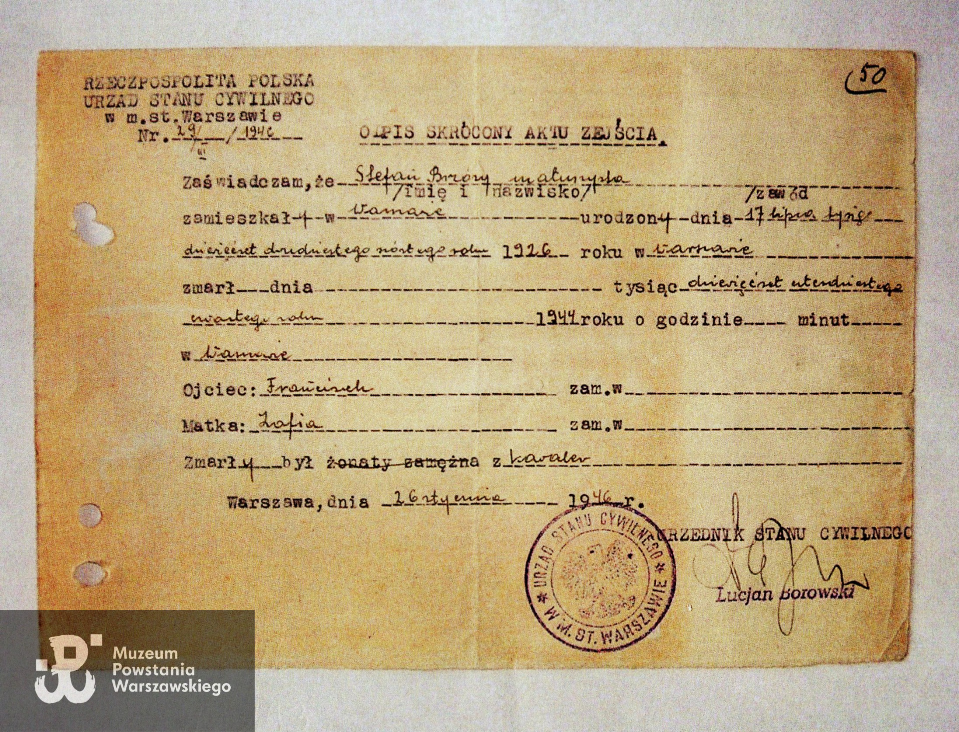 Zarząd Cmentarzy Komunalnych w Warszawie - Cmentarz Powązki Wojskowe, Księga Pochowań 1946, 1-193