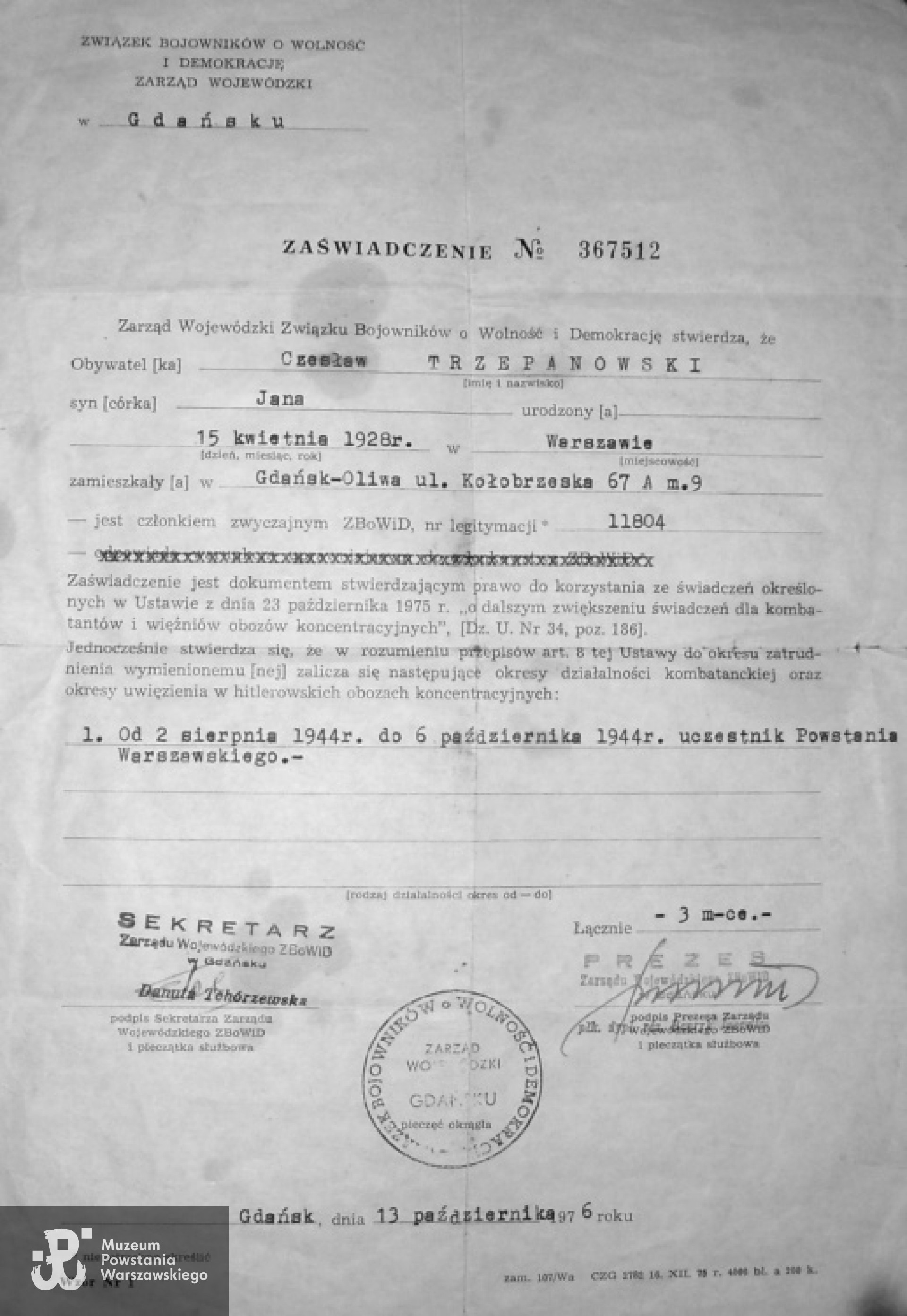 Zaświadczenie z 1976 roku wydane przez ZBoWiD