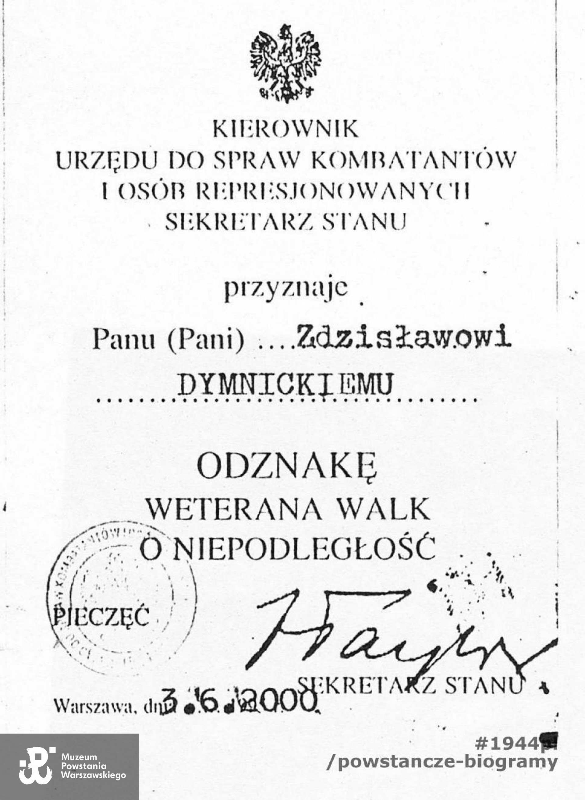 Legitymacja odznaczeniowa - Odznaka Weterana Walk. Skan: materiały do Słownika Uczestników PW nadesłane przez p. Bogodara Bonczara, wnuka Powstańca