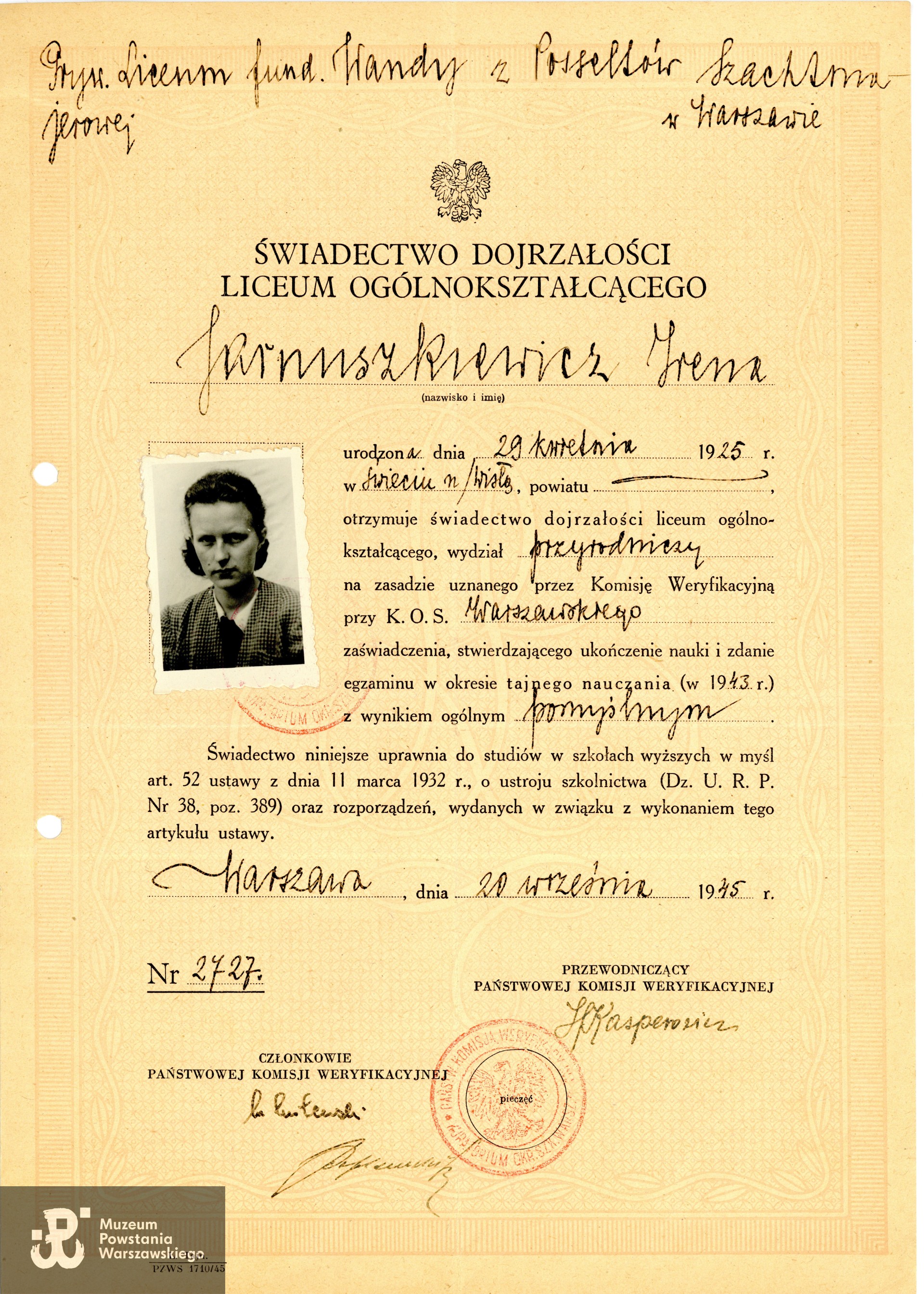 Świadectwo maturalne. Ze zbiorów rodzinnych, udostępniła p. Maria Łempicka