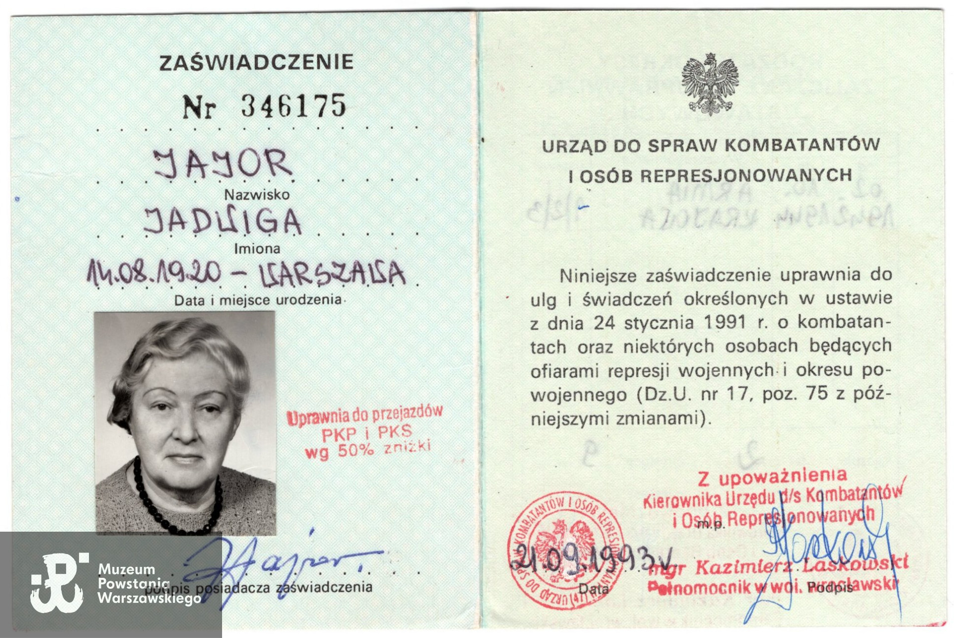 Zaświadczenie Urzędu ds Kombatantów i Osób Represjonowanych.   Ze zbiorów rodzinnych,  skany wykonano w Pokoju Kombatanta MPW, 2023