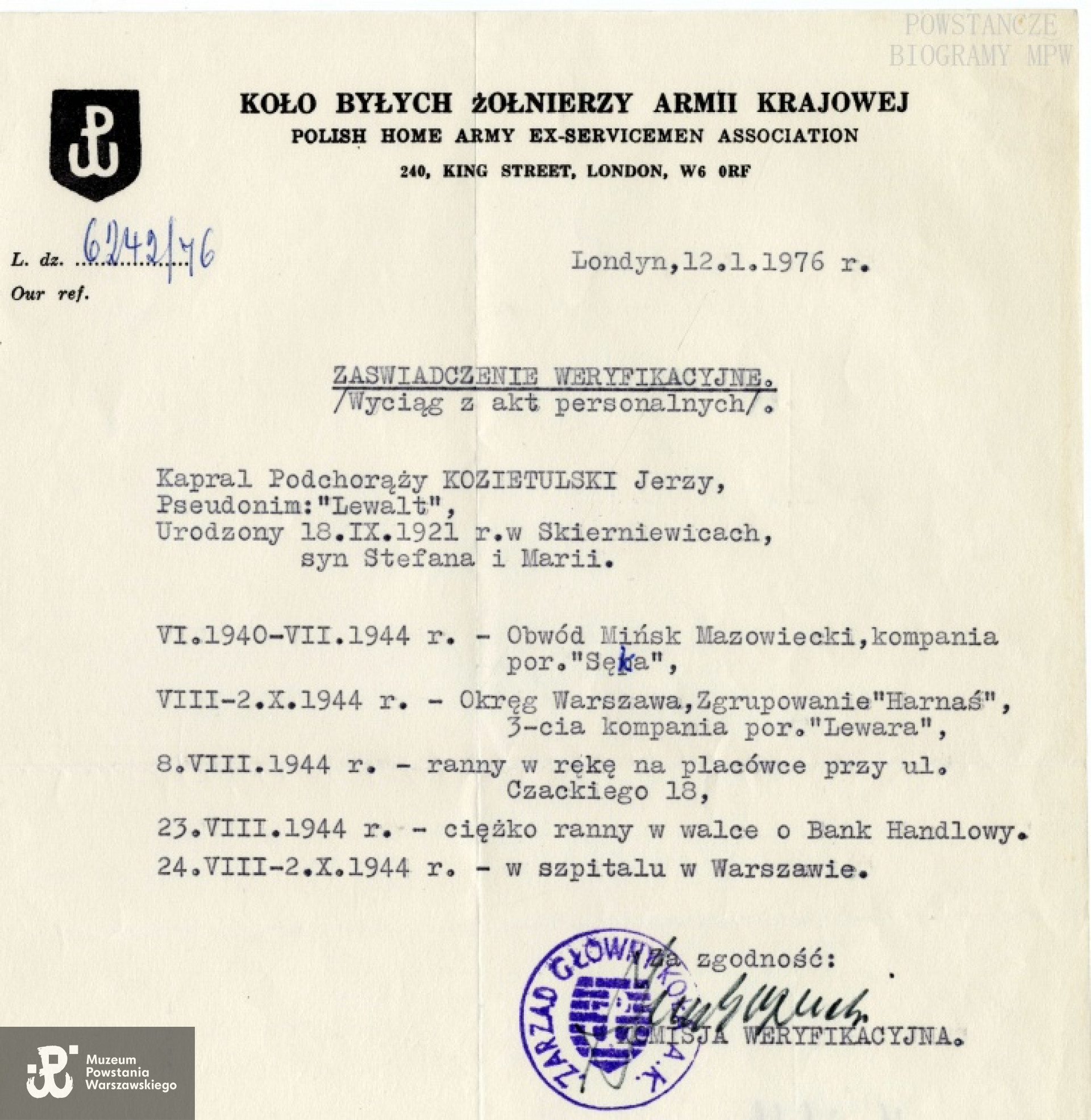 Zaświadczenie weryfikacyjne - Londyn, 1976. Z archiwum rodzinnego Piotra Skarbka - Kozietulskiego