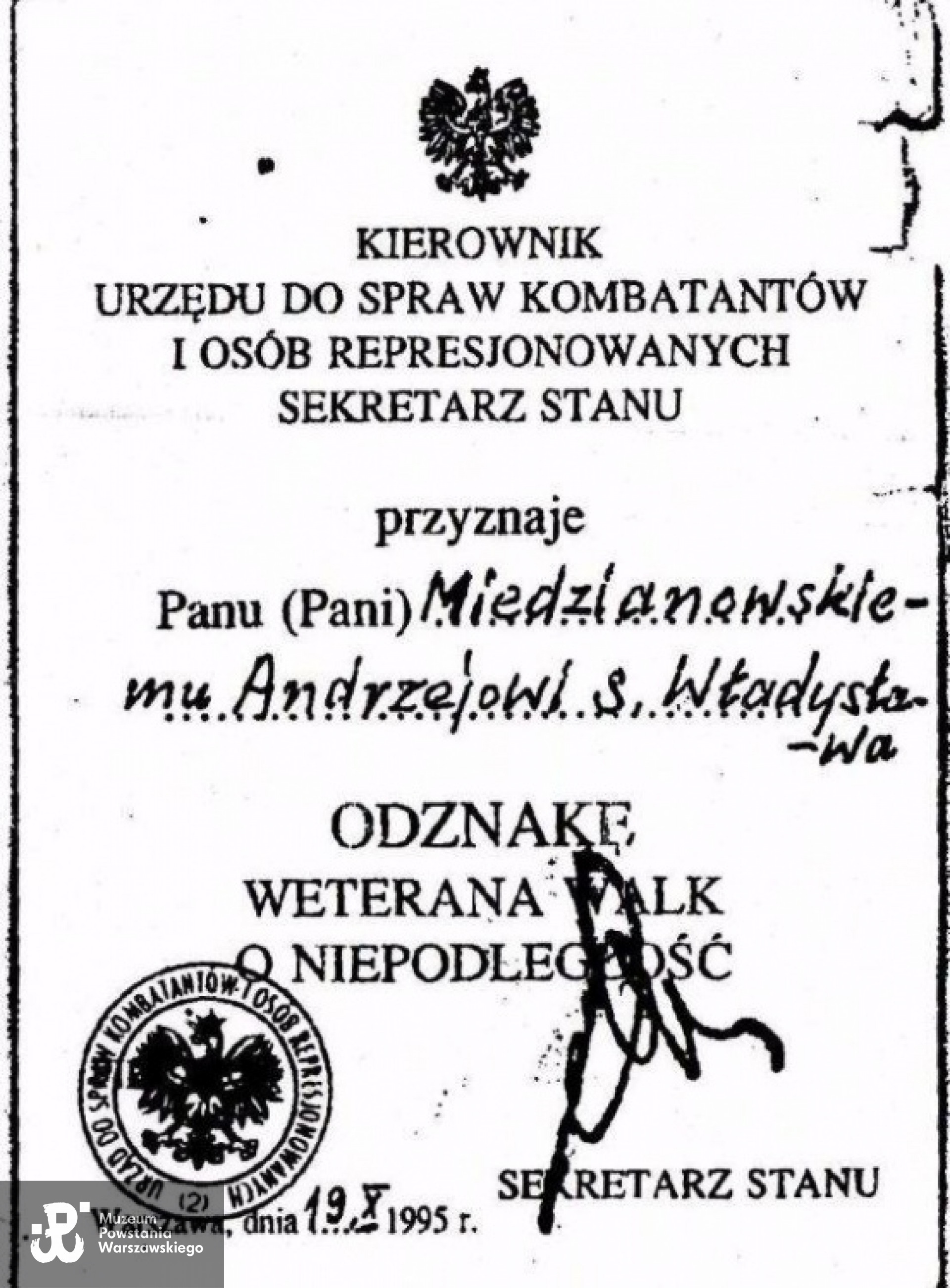 Legitymacja Odznaki Weterana Walk o Niepodległość