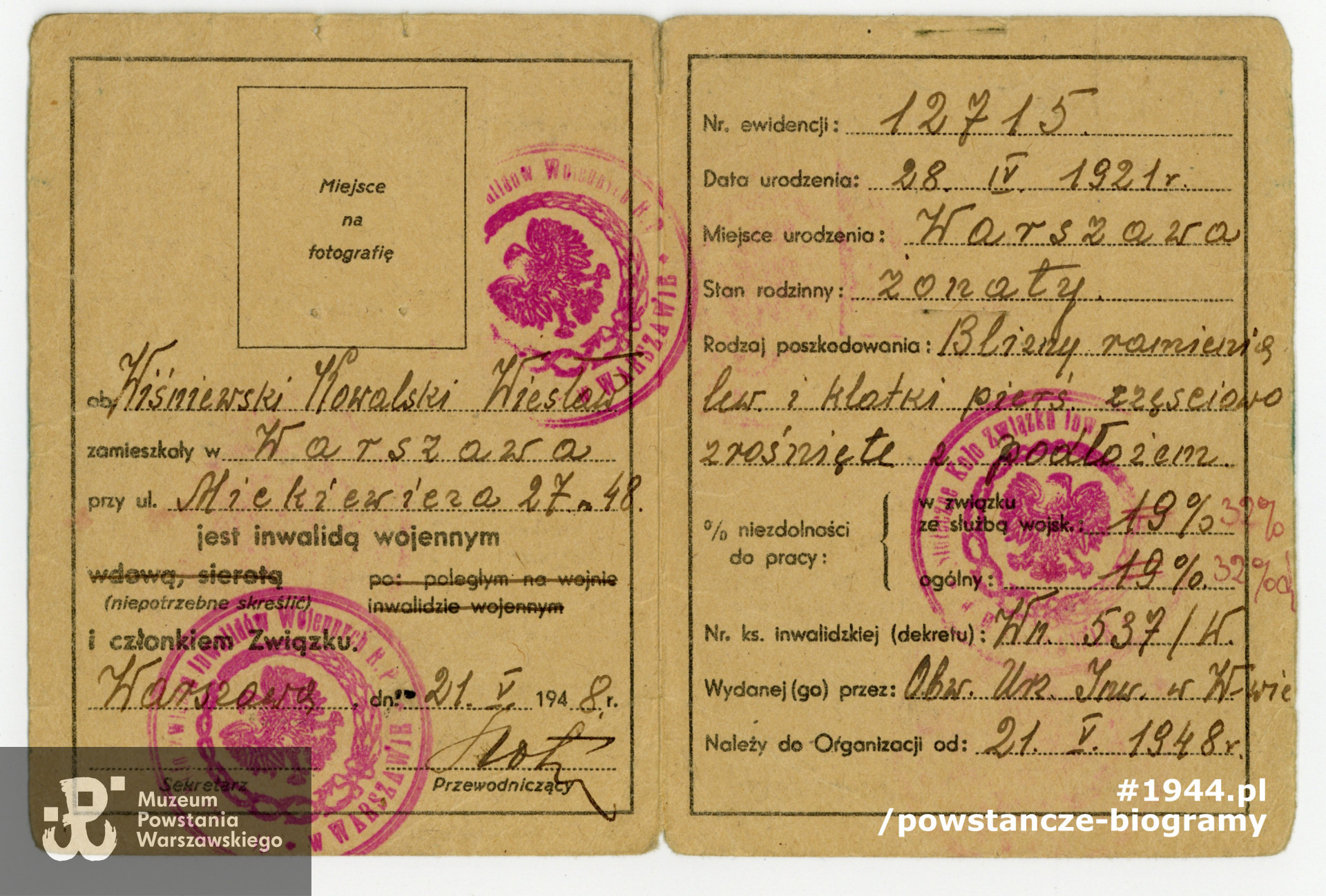 Ze zbiorów Muzeum Powstania Warszawskiego, sygn. P/9191/19 - materiały  przekazane przez żonę, p. Zofię Seniów-Wiśniewską