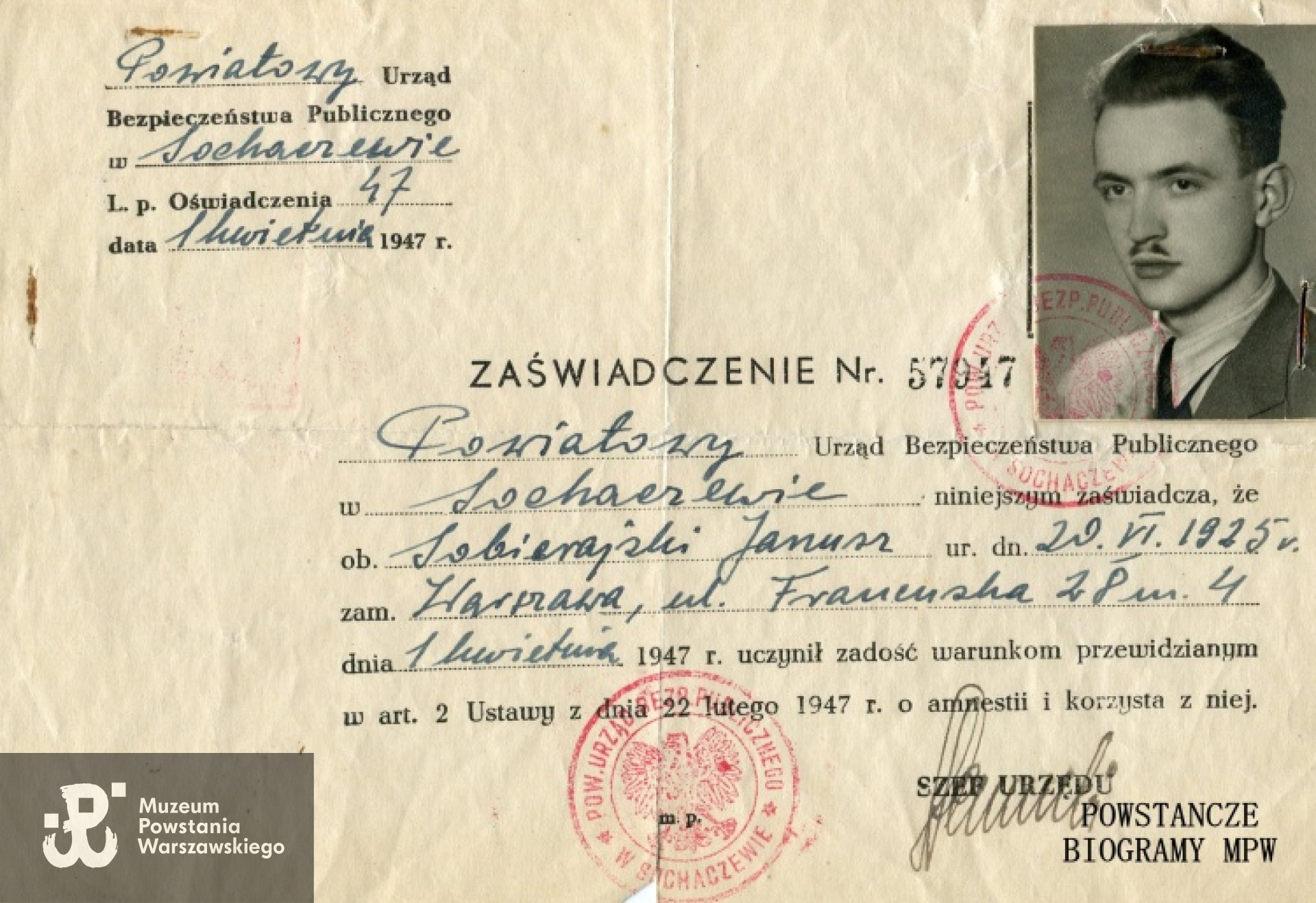 Zaświadczenie z 1947 r. wydane przez Powiatowy Urząd Bezpieczeństwa Publicznego w Sochaczewie. Ze zbiorów MPW, dar Janusza Sobierajskiego.