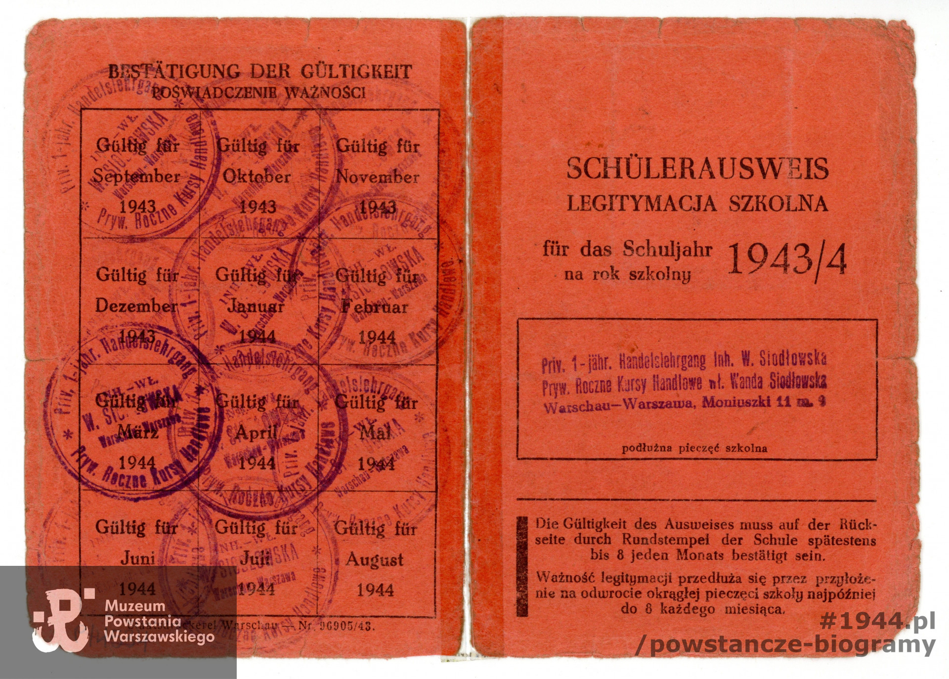 Legitymacja szkolna 1943/44  na nazwisko Zygmunt Władysław Zabrzeski. Ze zbiorów Muzeum Powstania Warszawskiego, sygn.  P/4534