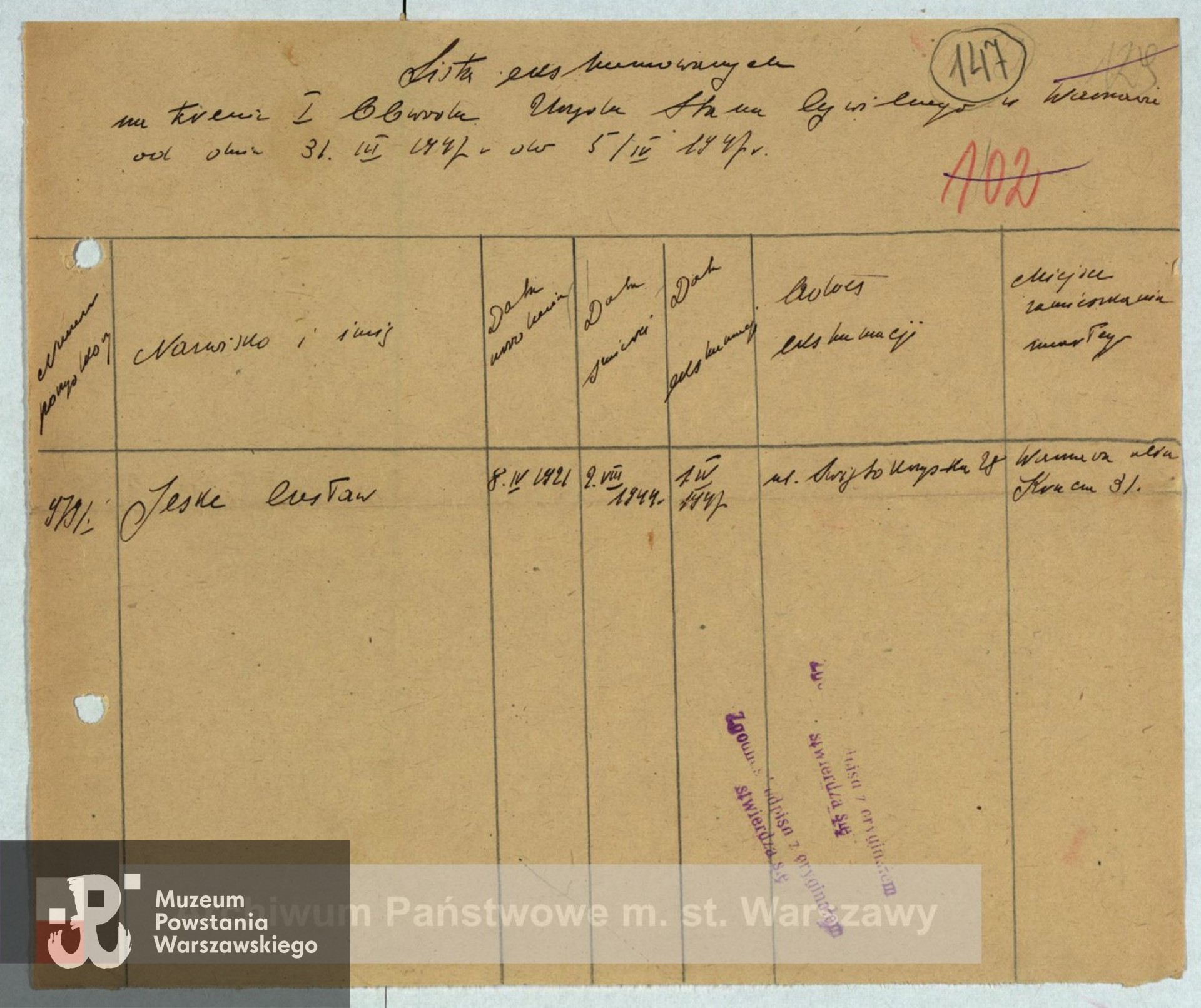 Archiwum Państwowe m. st. Warszawy, Listy ekshumowanych z ruin Warszawy, sygn. 454/147