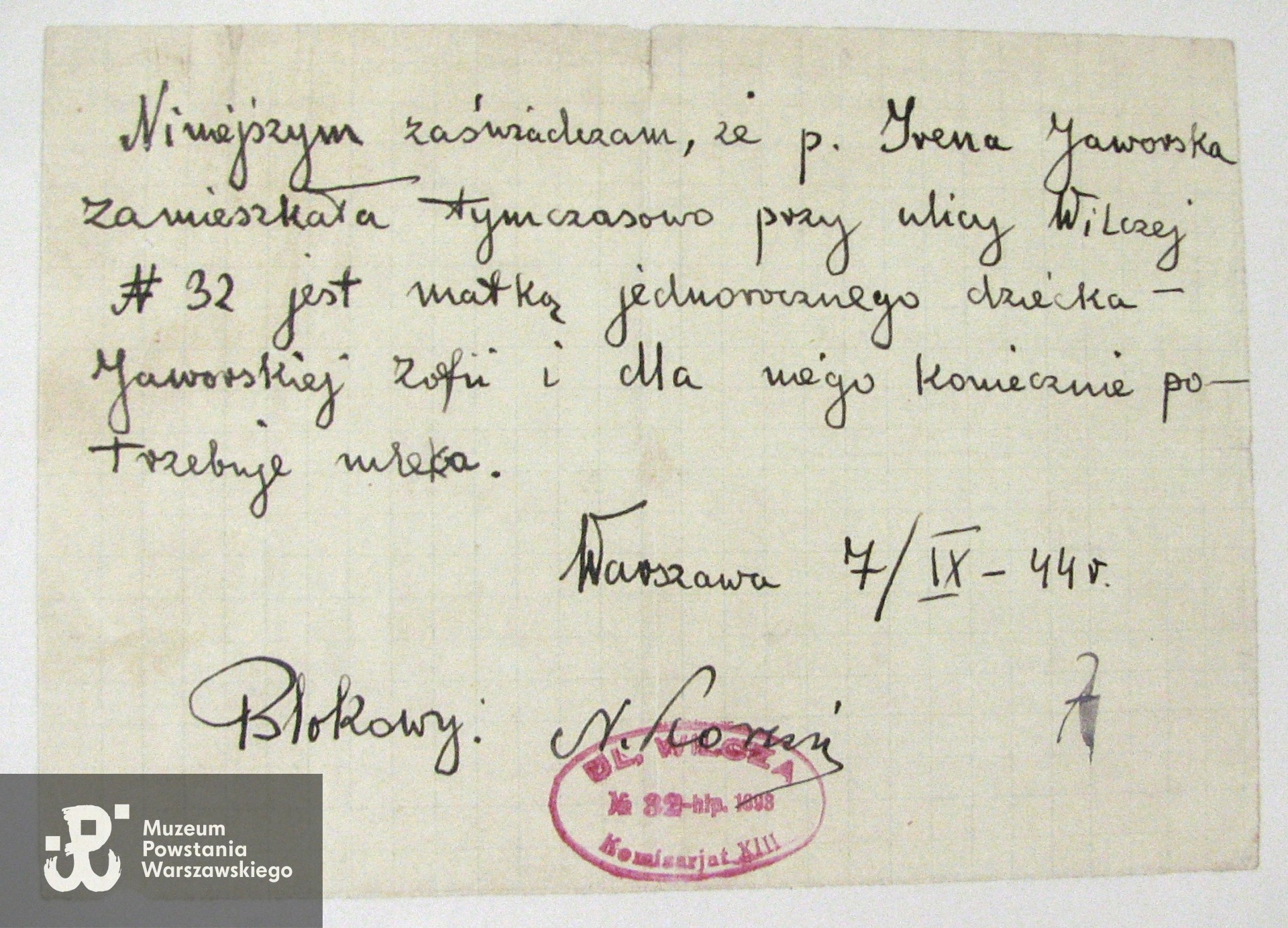 Zaświadczenie wystawione dnia 7 września 1944 r. dla Ireny Jaworskiej (w rzeczywistości Jamnickiej, żony Edwarda) o konieczności otrzymania mleka dla dziecka - rocznej córki Zofii (1943-2002);  źródło: archiwum rodzinne Zofii Jaskólskiej z d. Jamnickiej, kserokopia: Archiwum Romualda Śreniawy-Szypiowskiego. 
