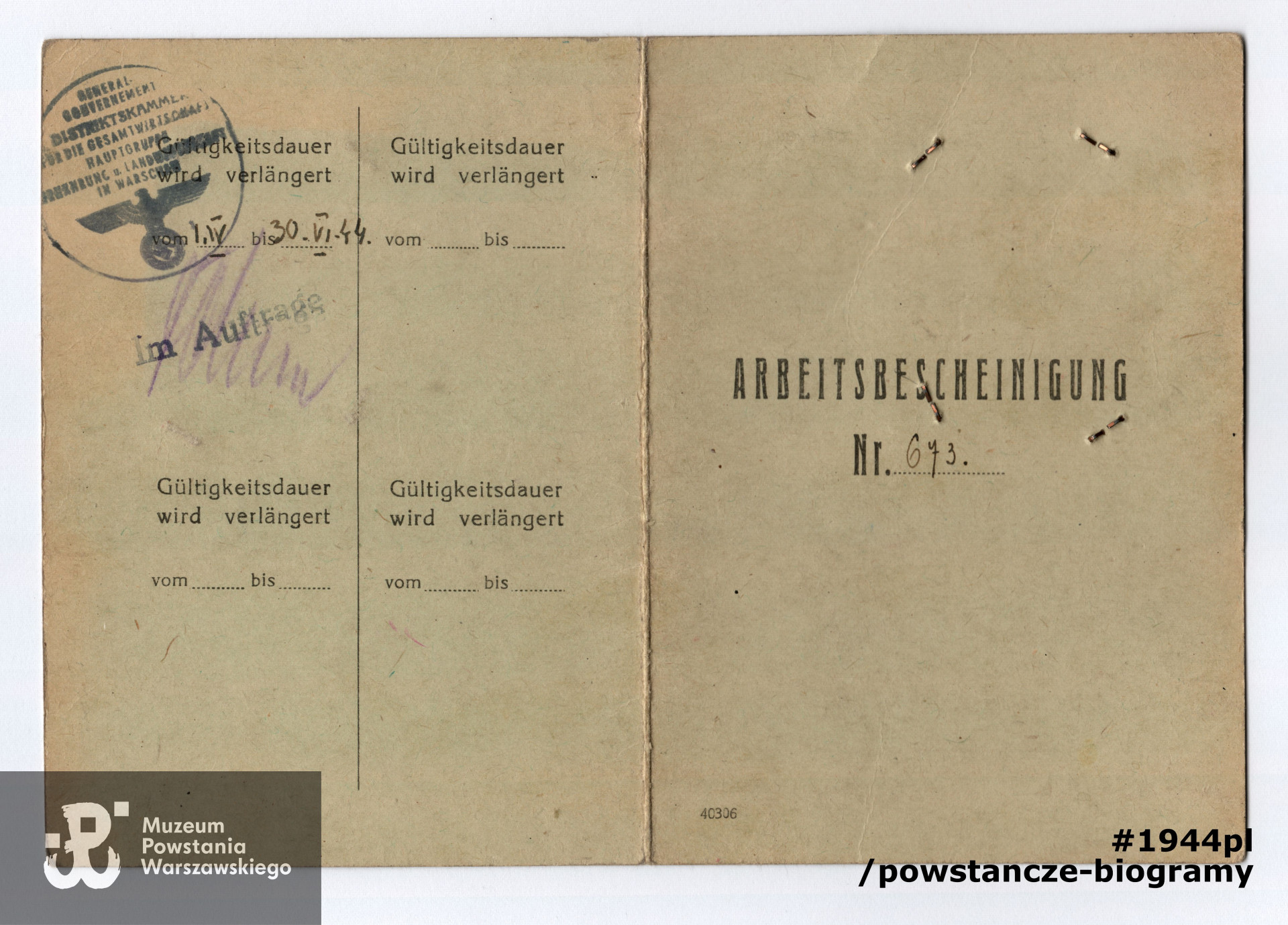 Należący do Marii Znojewskiej dokument wystawiony przez władze niemieckie - zaświadczenie o zatrudnieniu, (niem. Arbeitsbescheinigung), potwierdzający, że Maria Znojewska (w dokumencie Znojówna - nazwisko Znój), zatrudniona jest w  Browarach Haberbusch i Schiele w Warszawie, przy ul. Grzybowskiej 58. Ze zbiorów p. Marii Znojewskiej