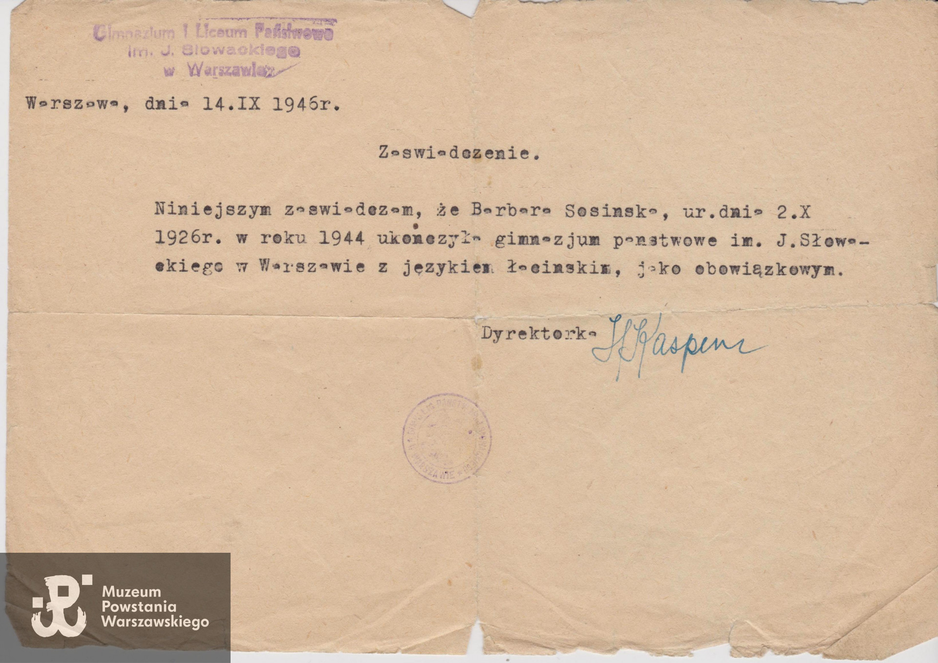 Dokument z archiwum rodzinnego Barbary i Janusza Sosińskich