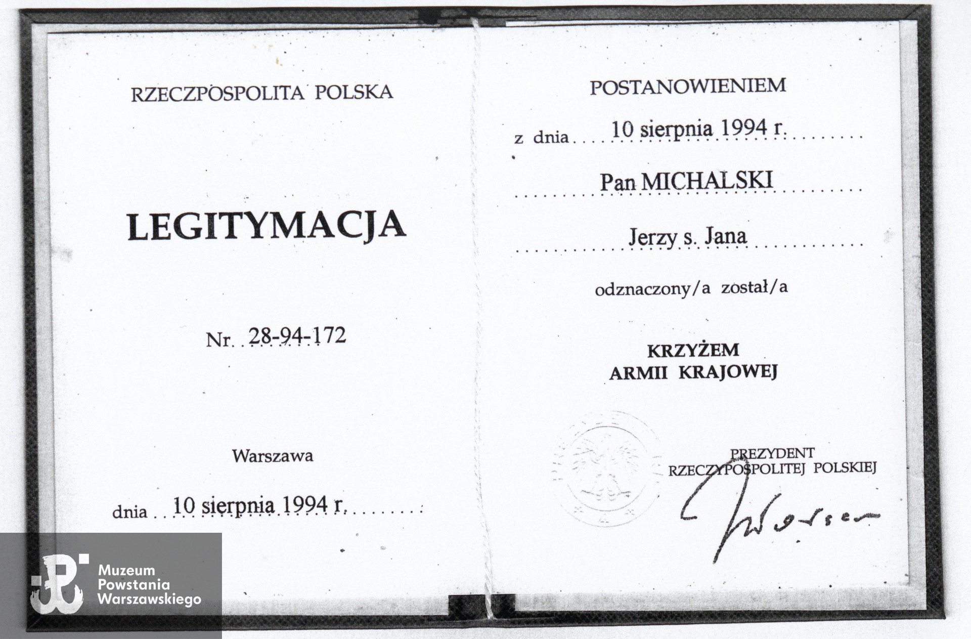 Kserokopia legitymacji odznaczeniowej KAK. Skan: materiały do Słownika Biograficznego Uczestników PW - Pokój Kombatanta