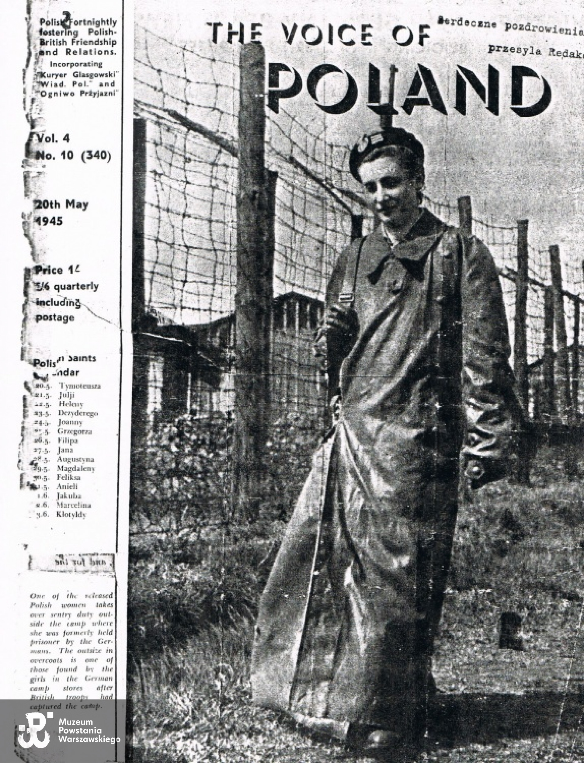 Obóz Oberlangen po wyzwoleniu - zdjęcie z prasy alianckiej. Wiesława Stala w płaszczu niemieckim na posterunku