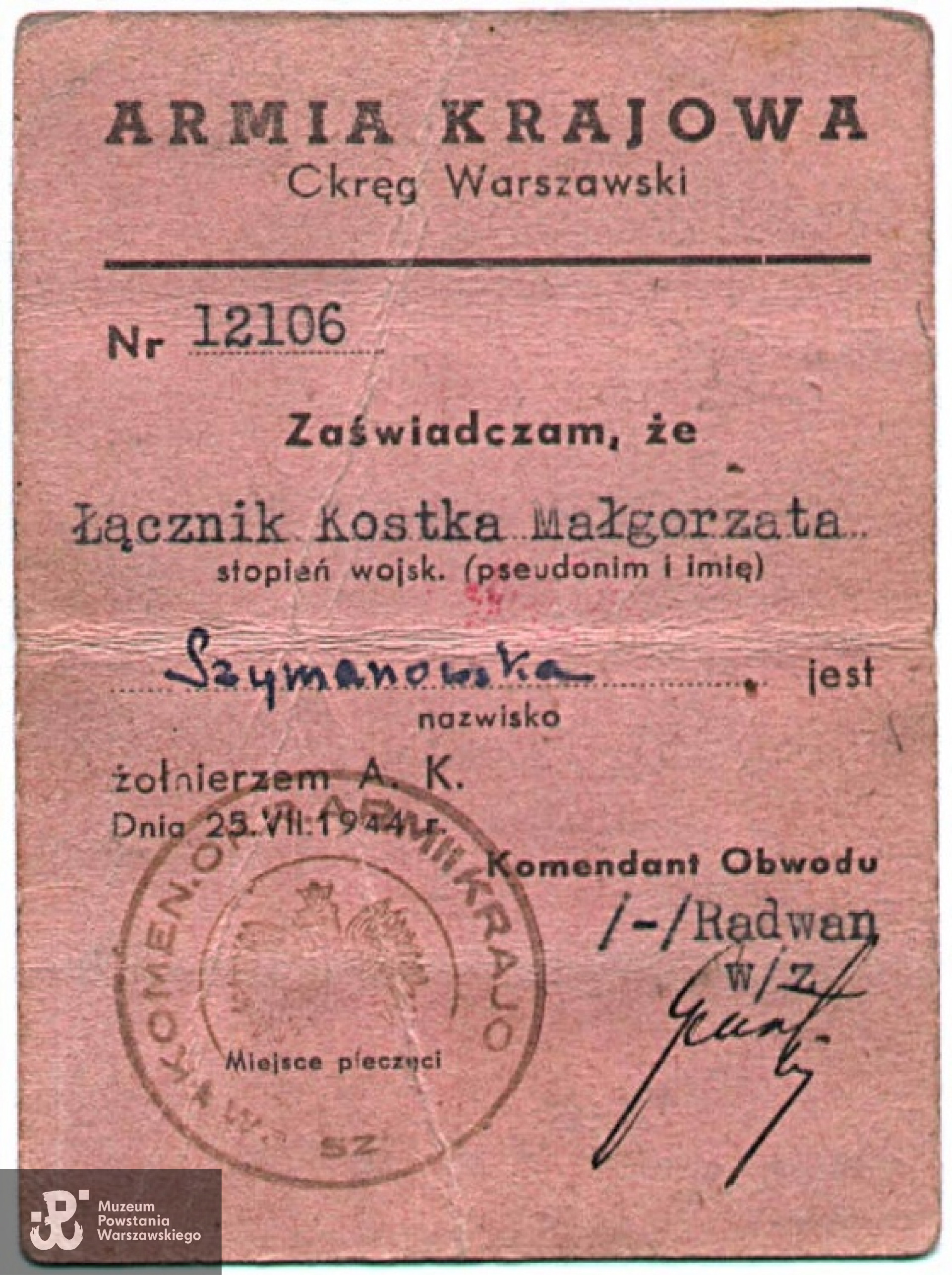 Legitymacja Armii Krajowej - awers