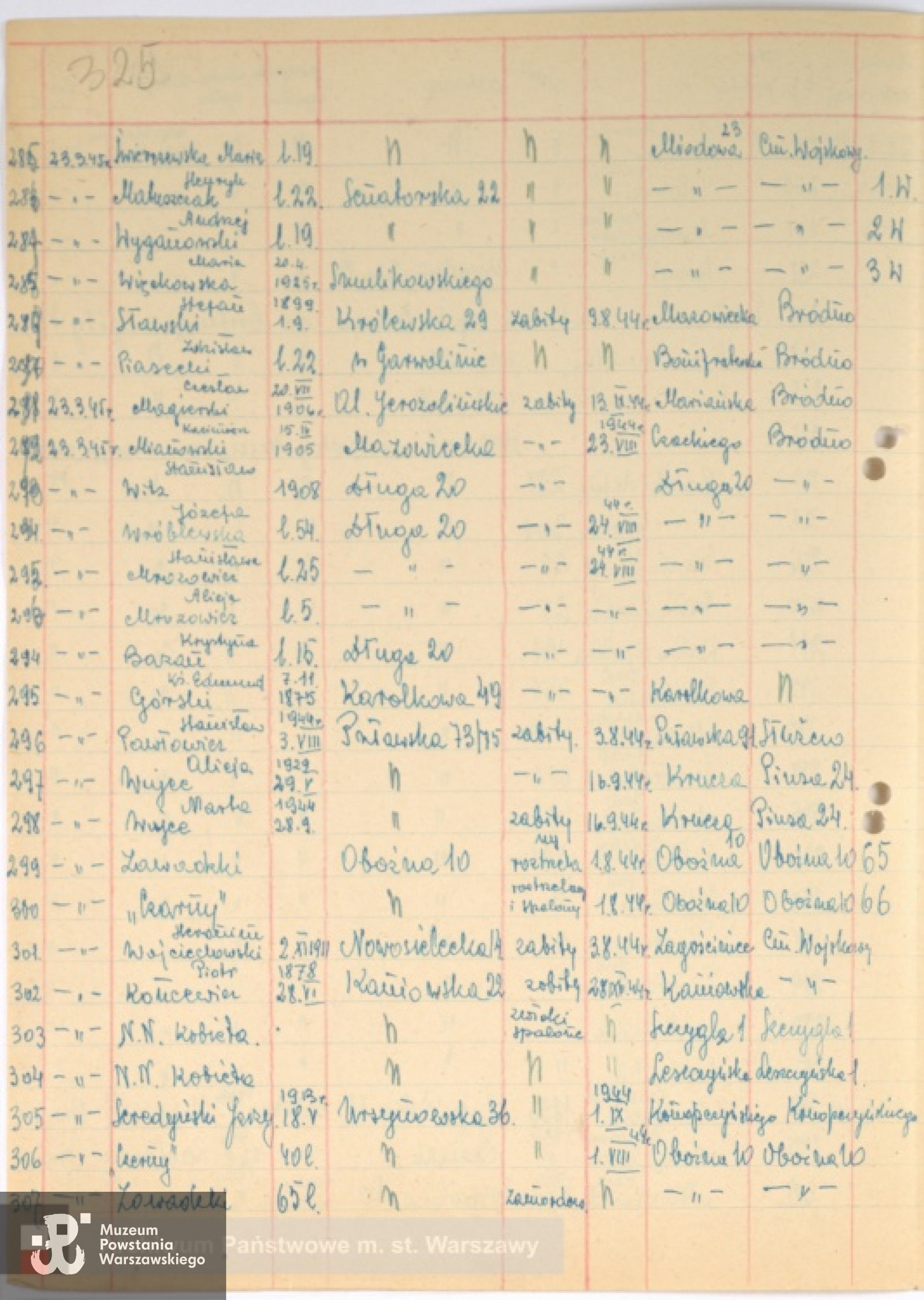 Lista ekshumacyjna ze zbiorów Archiwum Państwowego m. st. Warszawy