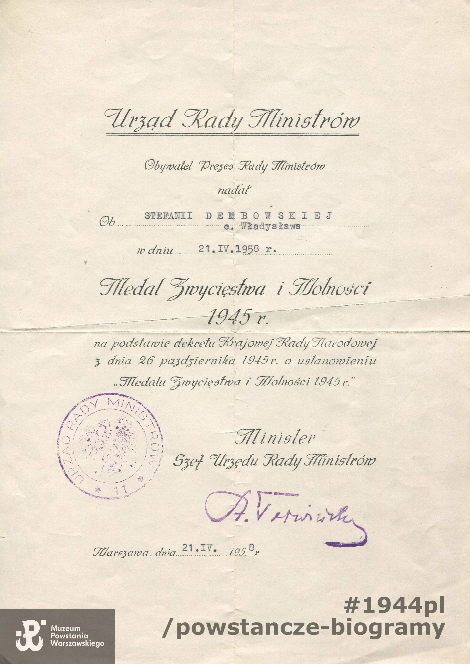 Medal Zwycięstwa i Wolności.   Z archiwum rodzinnego p. Stefanii Dembowskiej