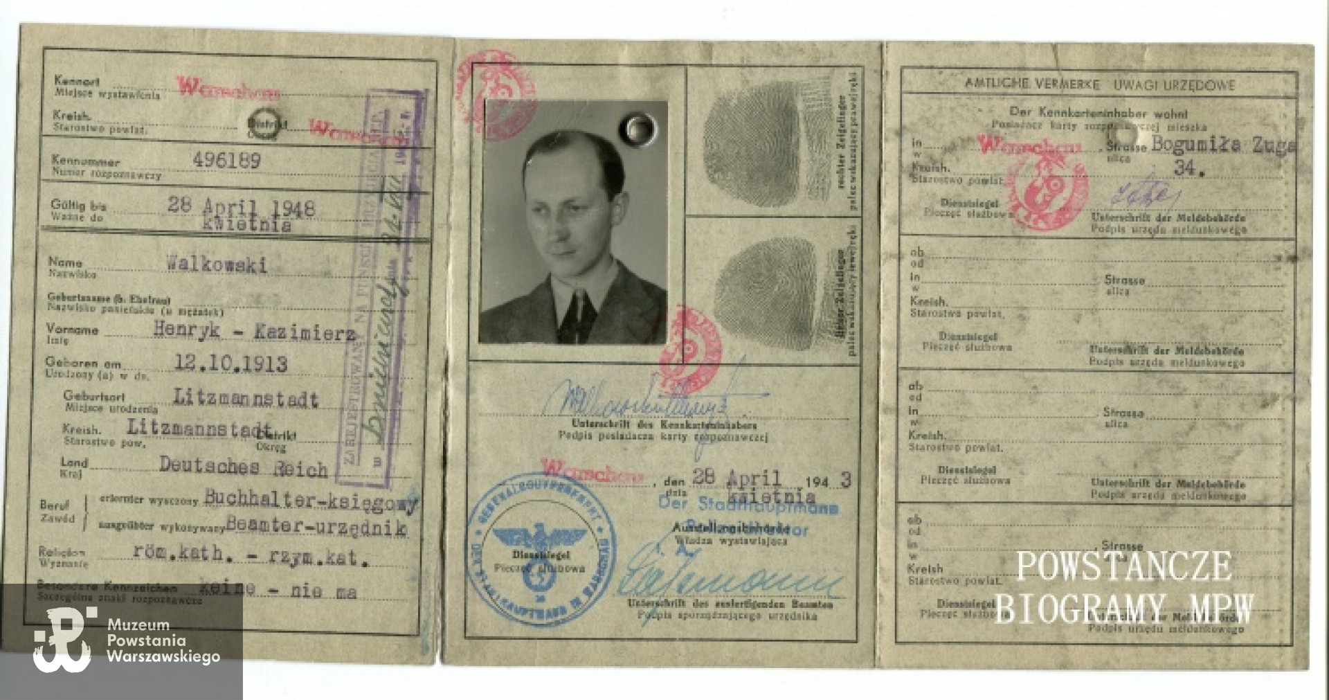 Karta rozpoznawcza (niem Kennkarte) - 1943. Fot. archiwum rodzinne