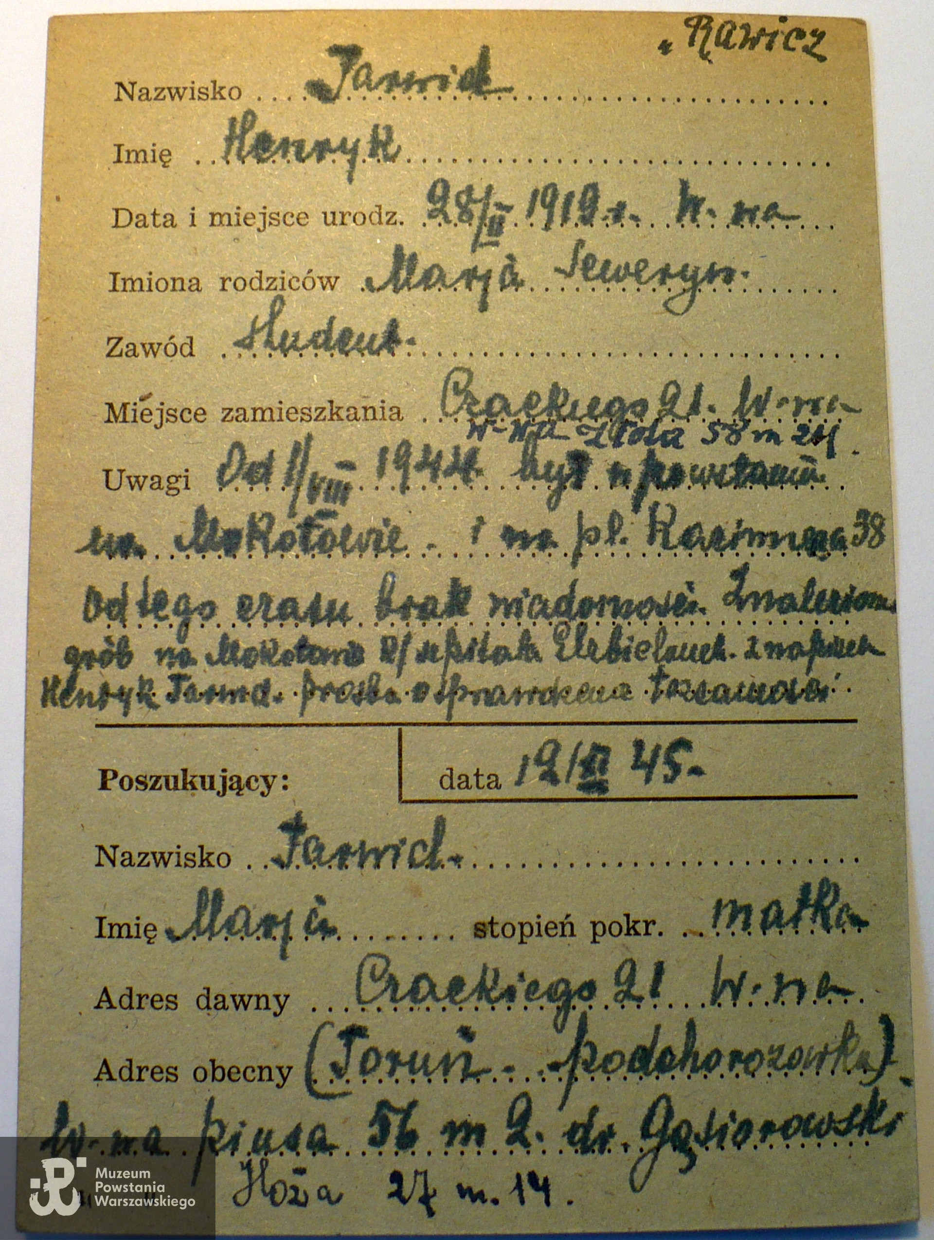 Polski Czerwony Krzyż - kartoteka poszukiwań