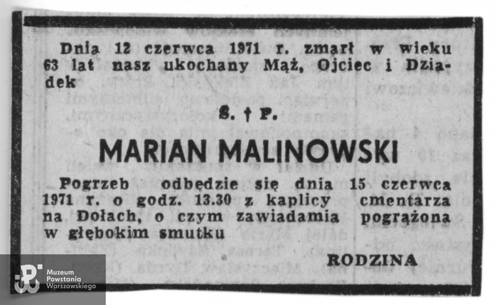 Nekrolog prasowy z 1971 roku. Z archiwum rodzinnego p. Mieczysława Malinowskiego