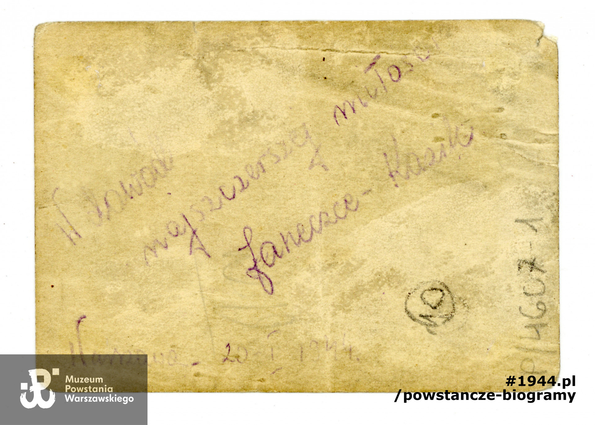 strz. Kazimierz Stefański ”Orlik” - rewers z dedykacją (20.01.1944) -  <i> W dowód najszczerszej miłości, Janeczce - Kazik</i>. Ze zbiorów Muzeum Powstania Warszawskiego, sygn. P/4607, dar Janiny Kuźmy-Urbaniak ps. <a href= janina-kuzma,26117.html> ”Jaśka„</a>