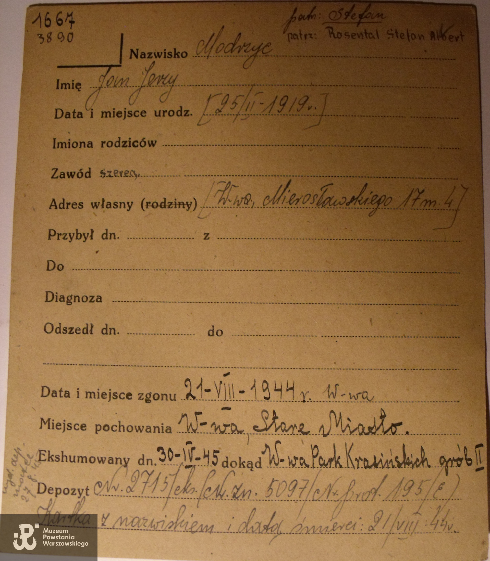 PCK - kartoteka, tu data ur. 25.02.1919 i nazwisko konspiracyjne Jan Jerzy Modrzyc